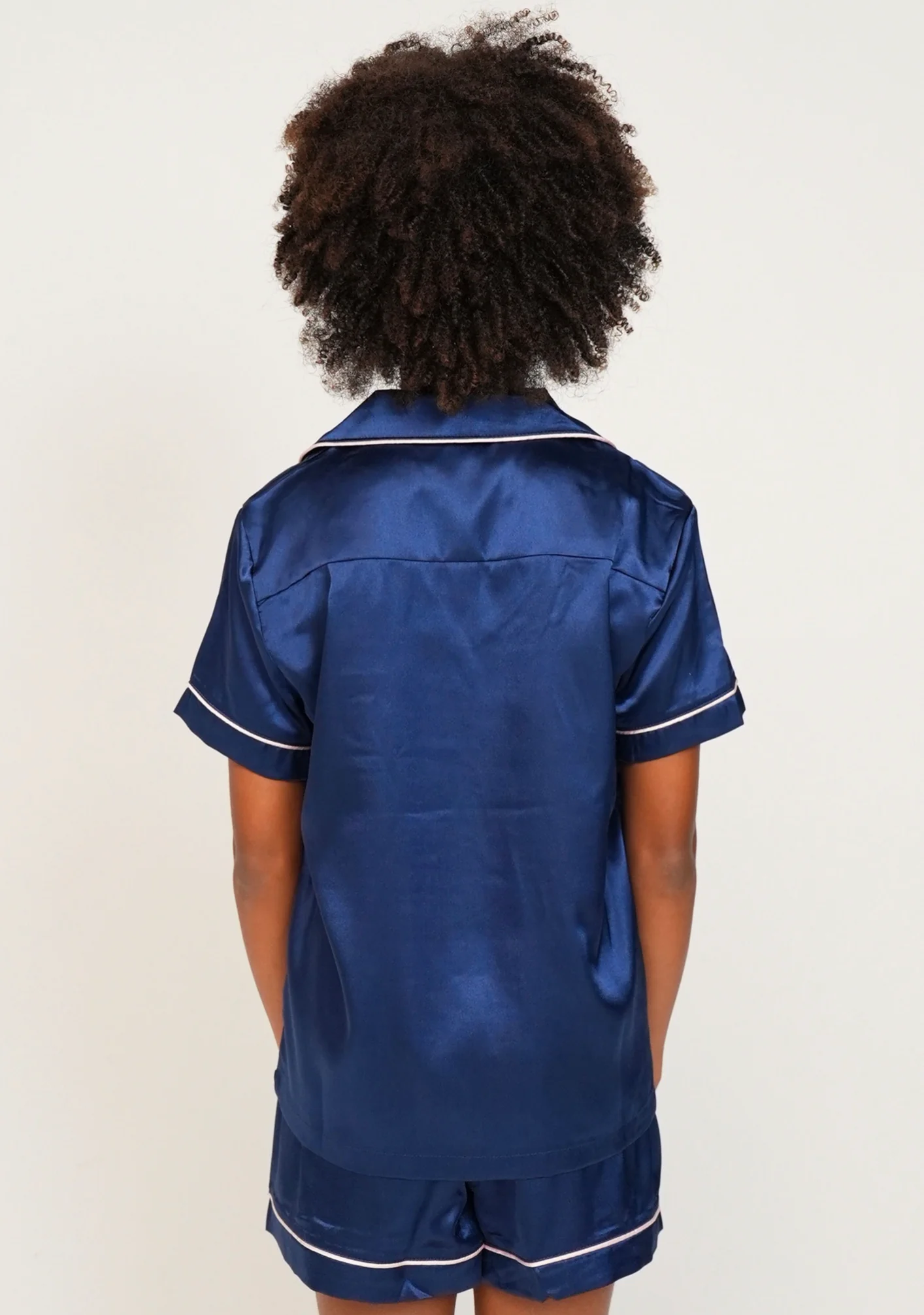 Girls Navy Blue Satin Short Pajama Set - Image 3