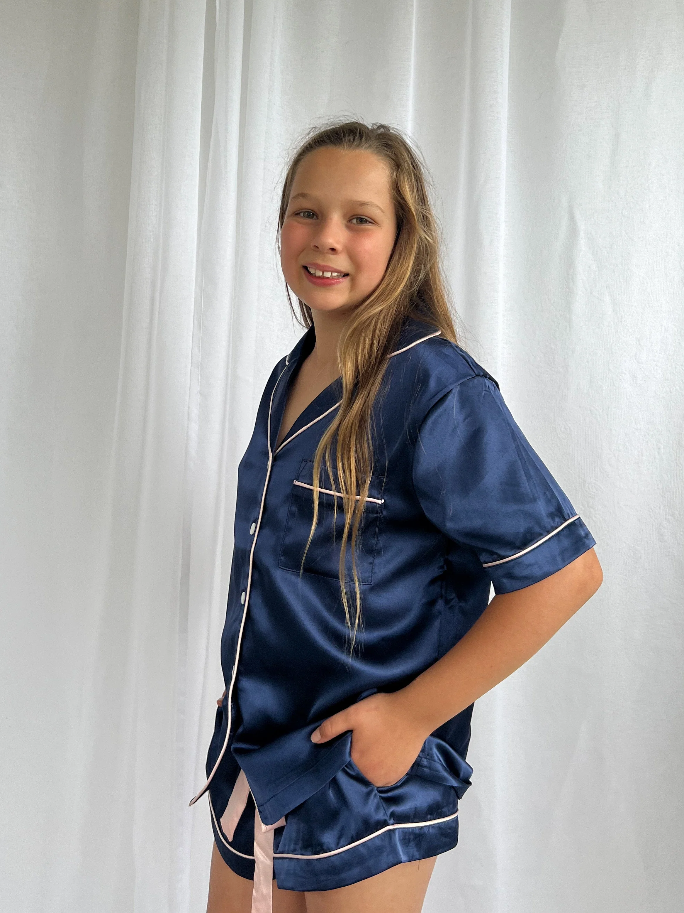 Girls Navy Blue Satin Short Pajama Set - Image 4