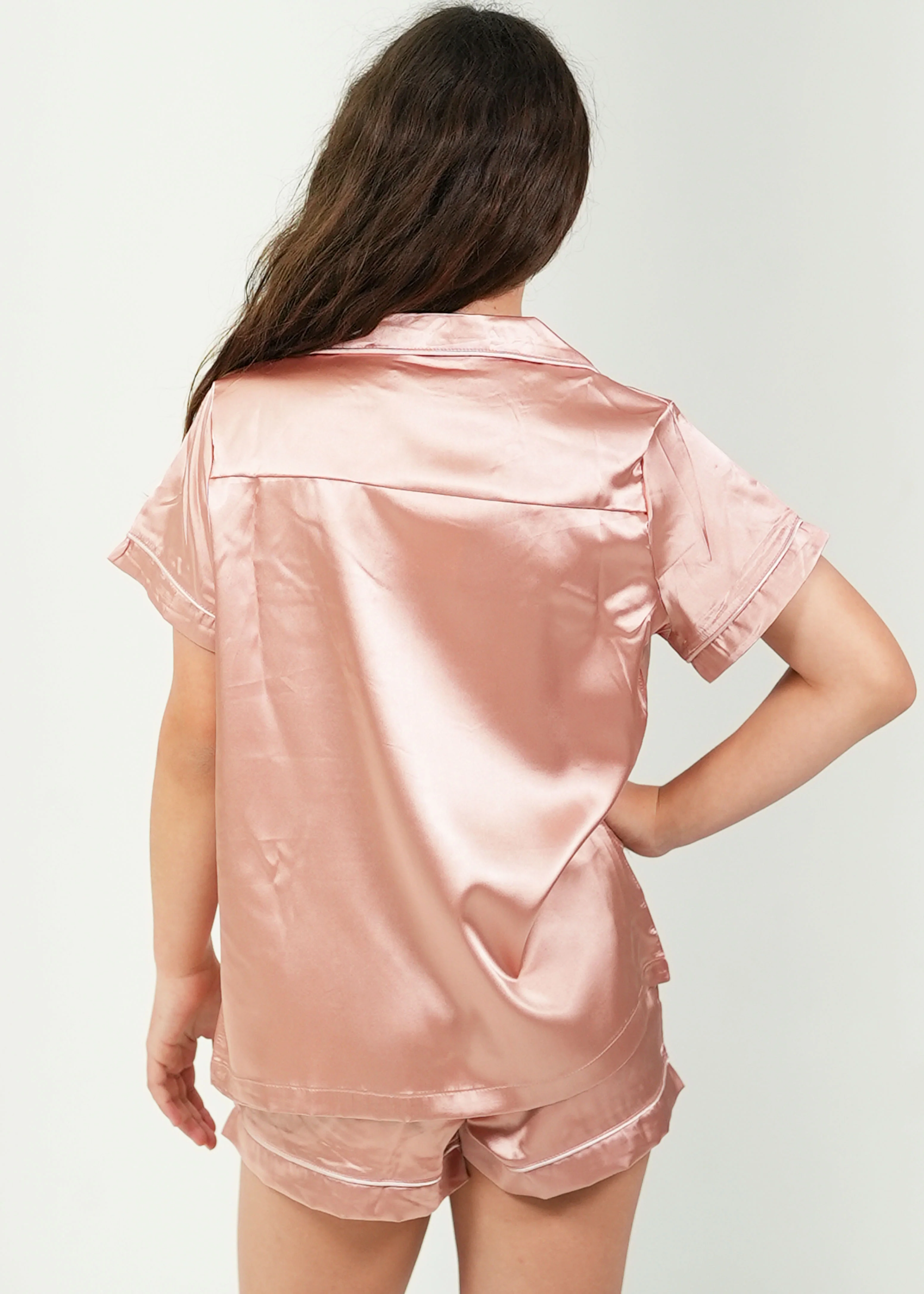 Girls Rose Pink Satin Short Pajama Set - Image 3