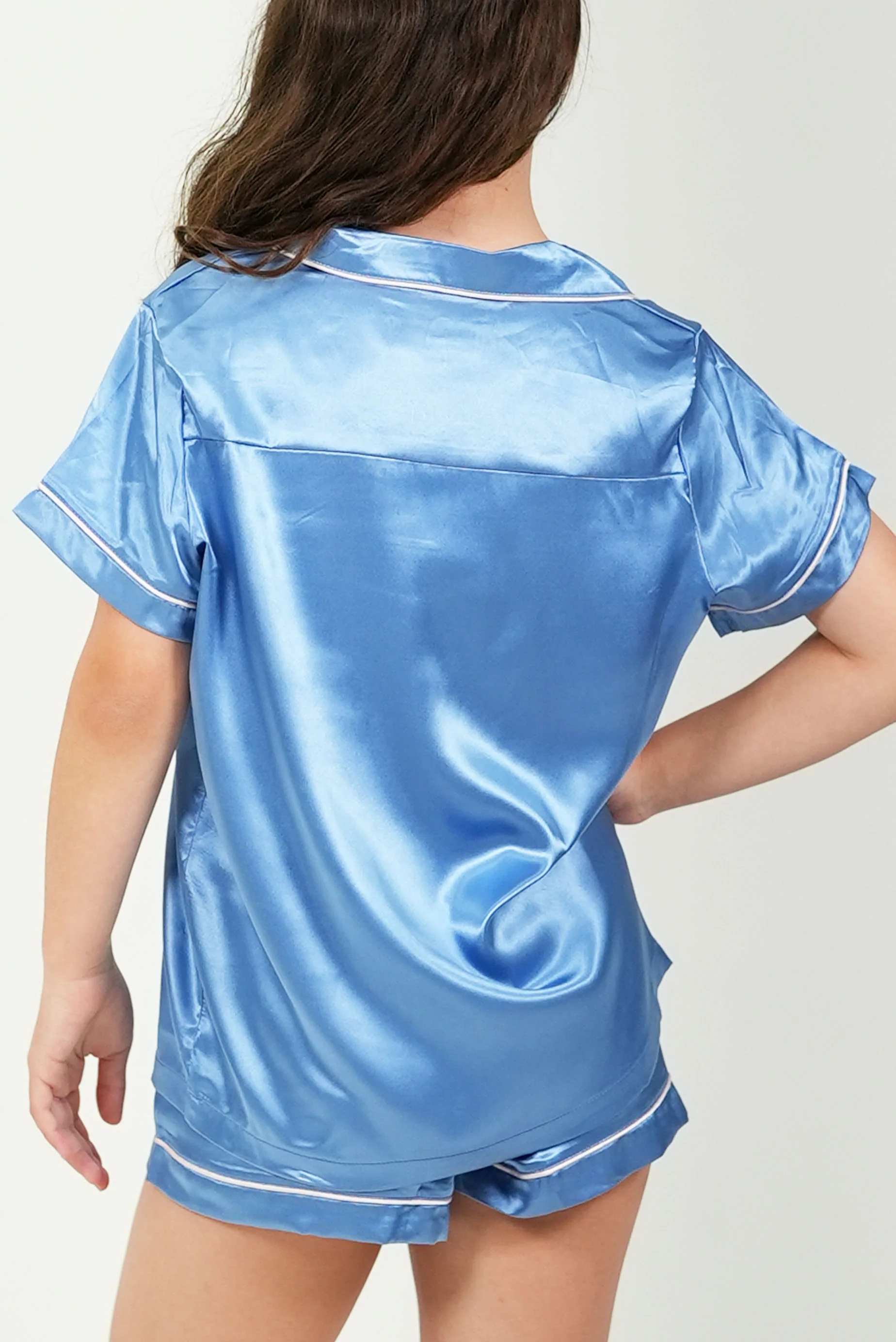 Girls Royal Blue Satin Short Pajama Set - Image 3