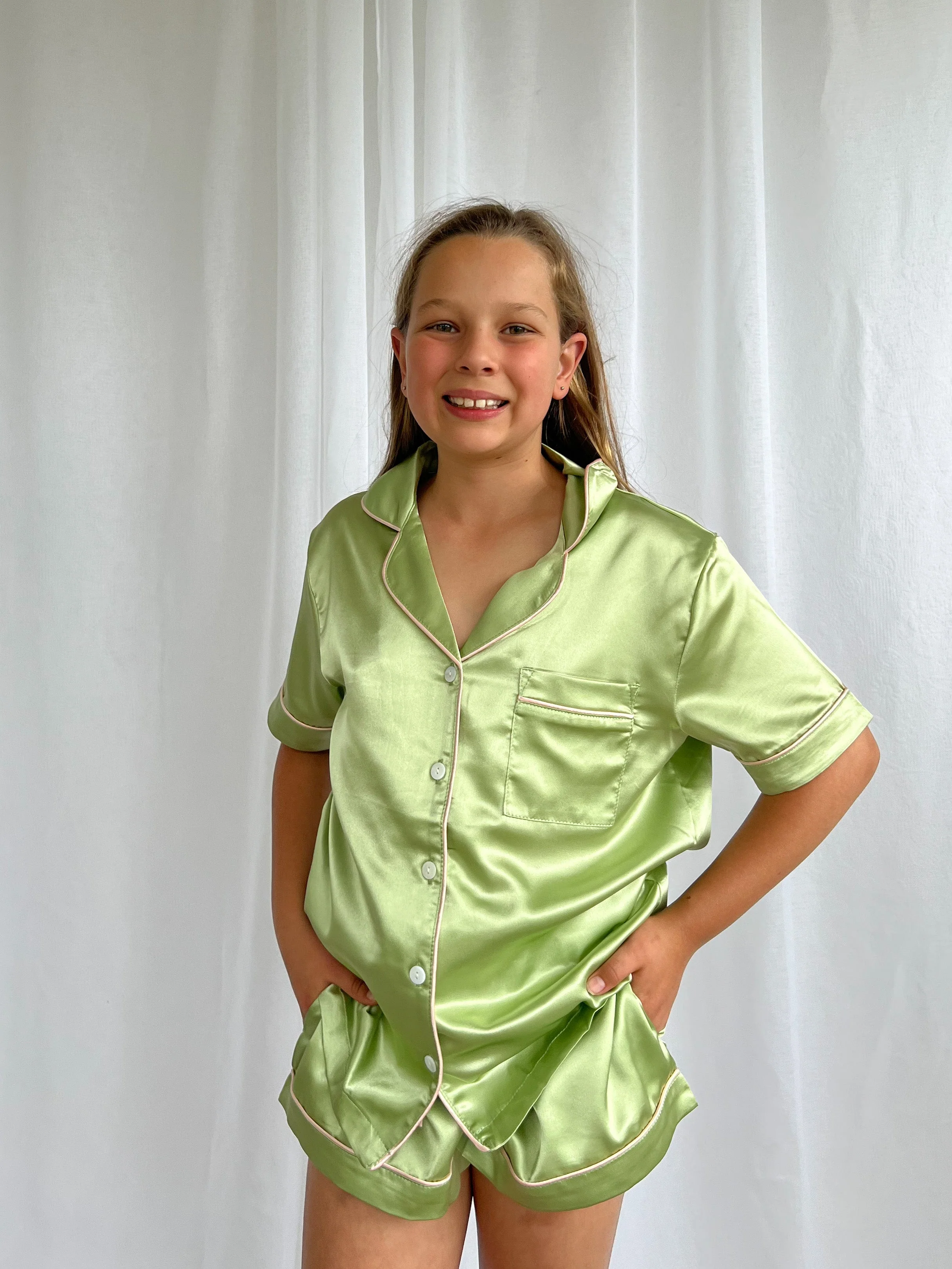 Girls Sage Green Satin Short Pajama Set