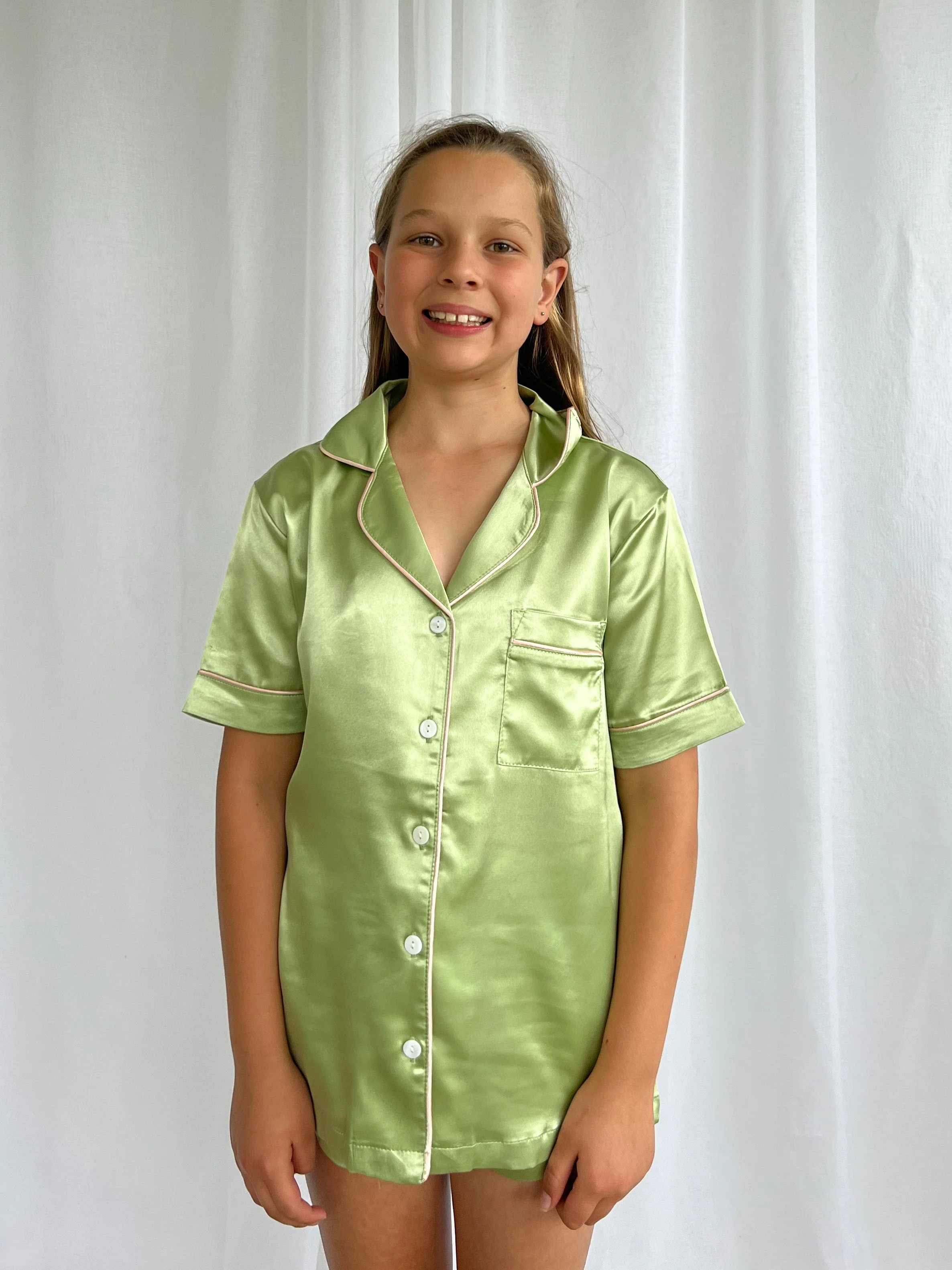 Girls Sage Green Satin Short Pajama Set - Image 2