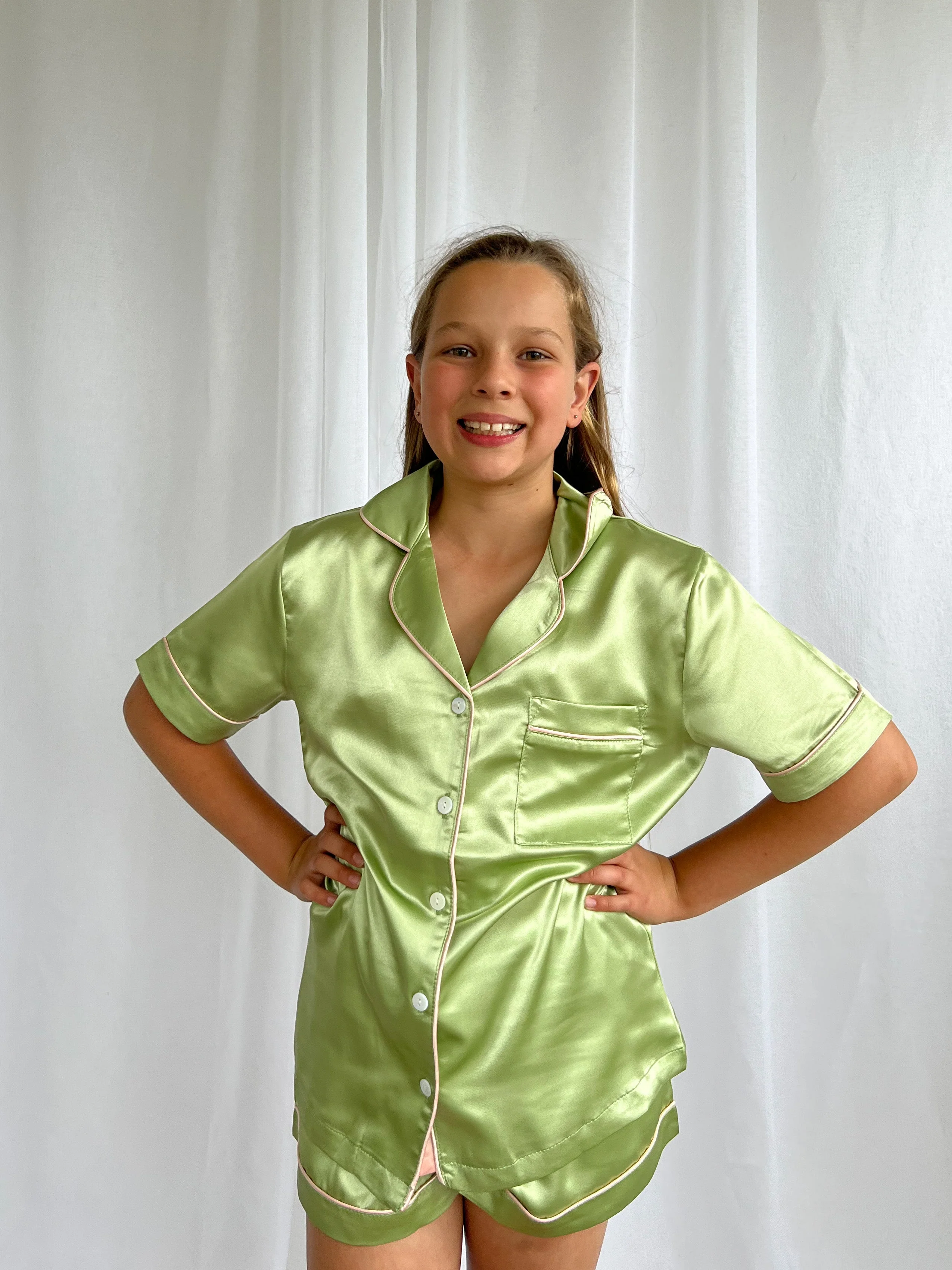 Girls Sage Green Satin Short Pajama Set - Image 3