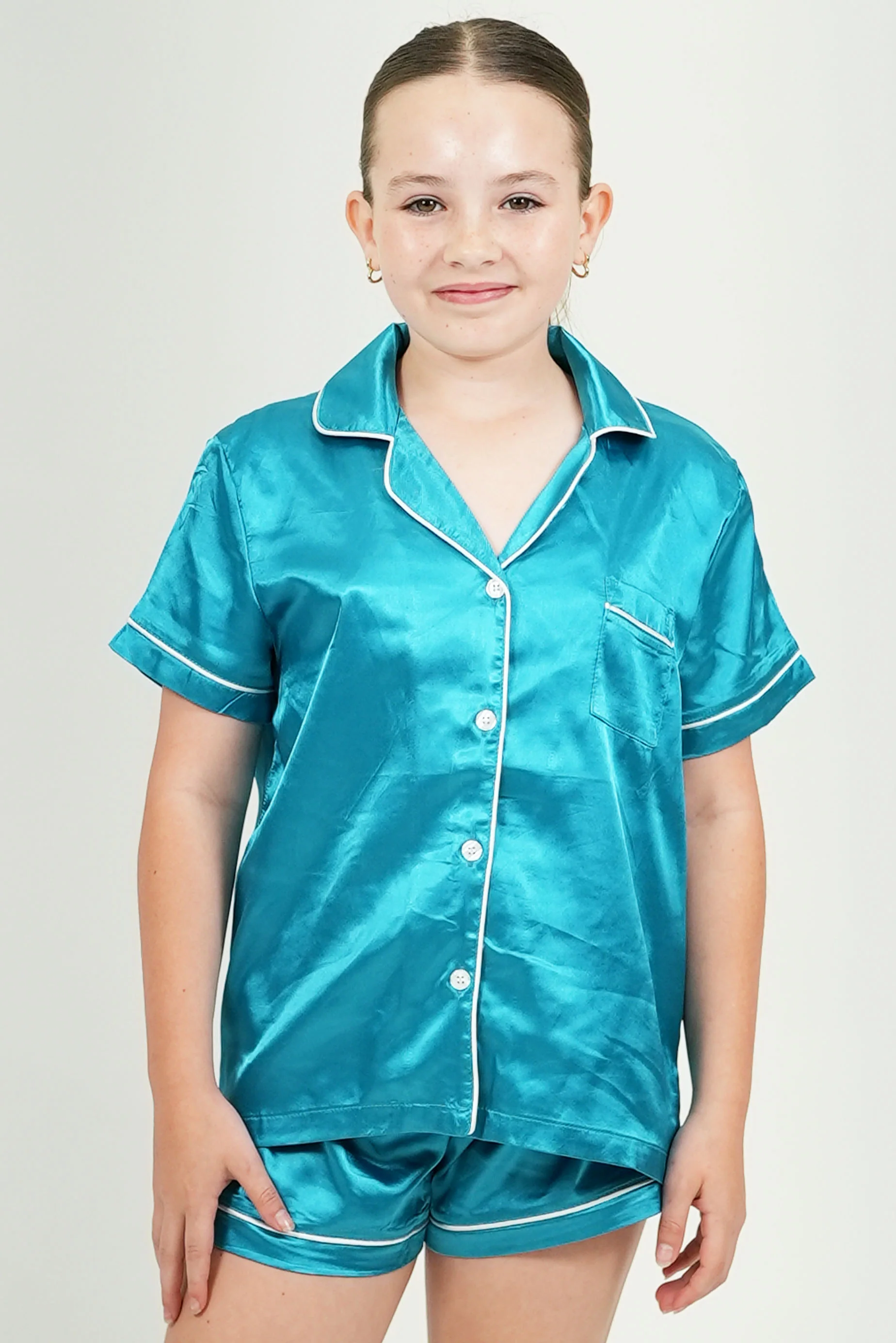 Girls Turquoise Satin Short Pajama Set