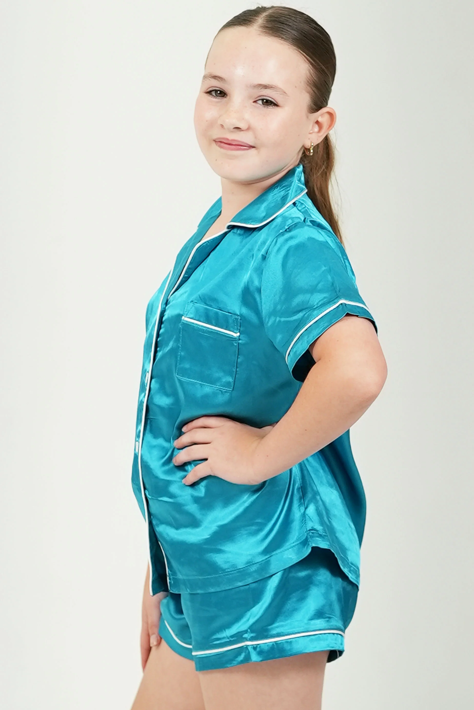 Girls Turquoise Satin Short Pajama Set - Image 2