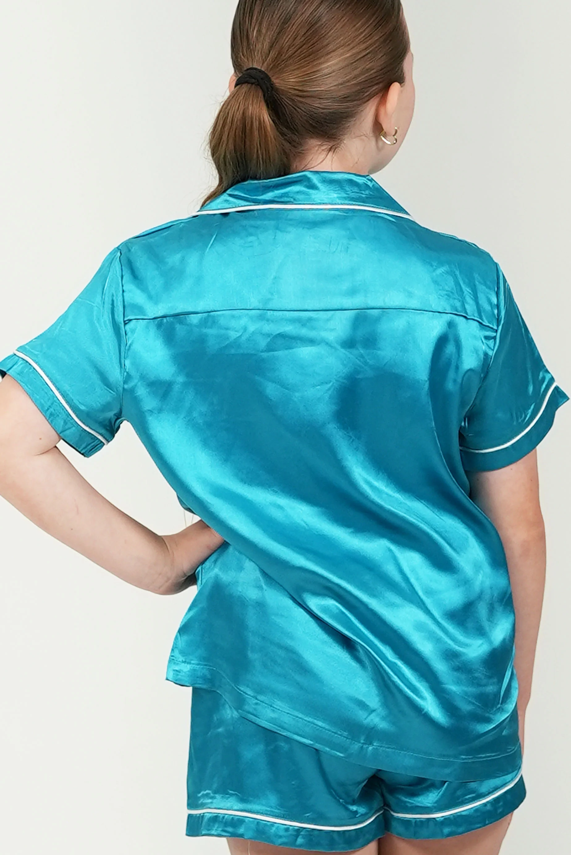 Girls Turquoise Satin Short Pajama Set - Image 3