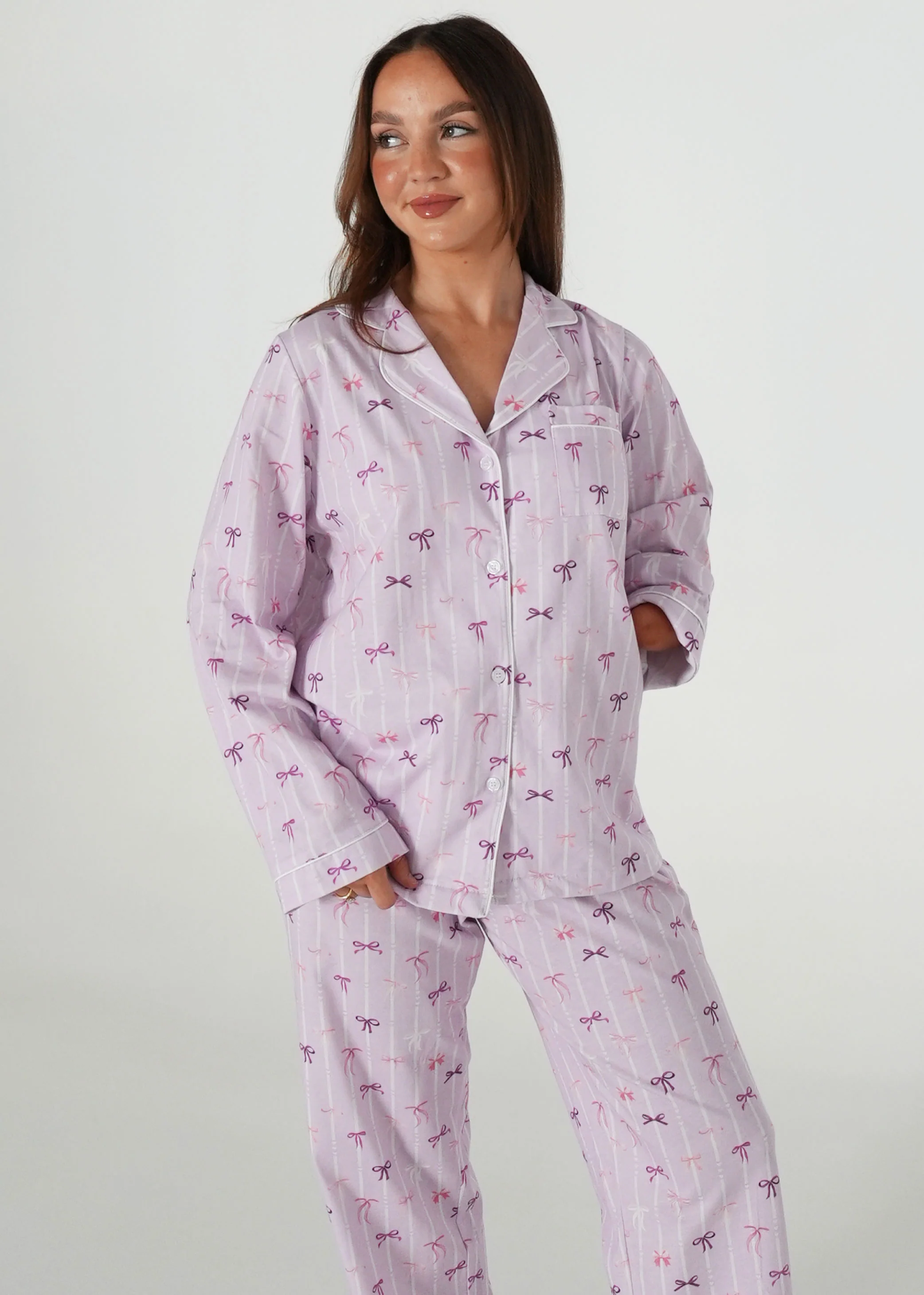 Lilac Ballet Bows Jersey Knit Cotton Long PJ Set
