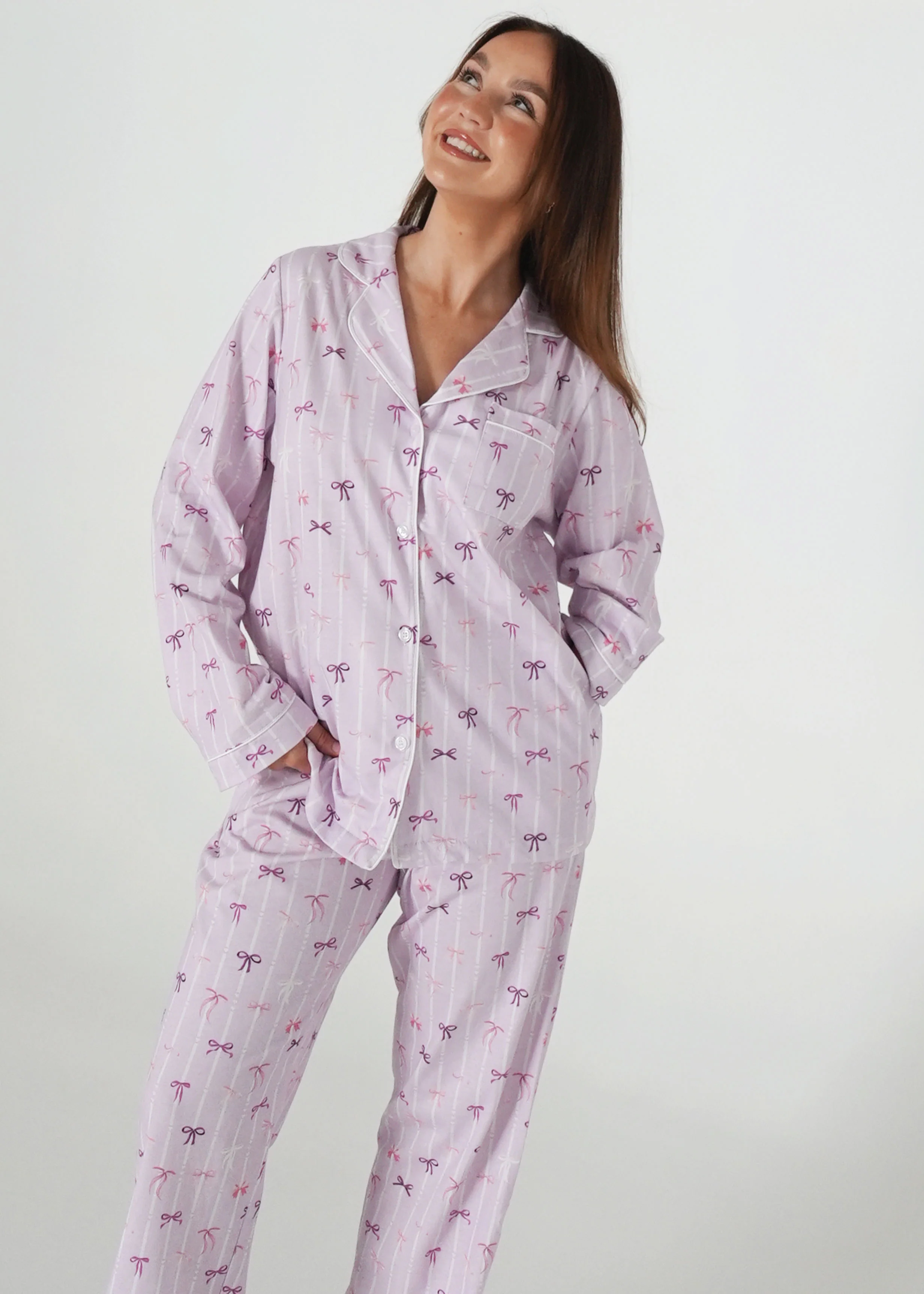 Lilac Ballet Bows Jersey Knit Cotton Long PJ Set - Image 3