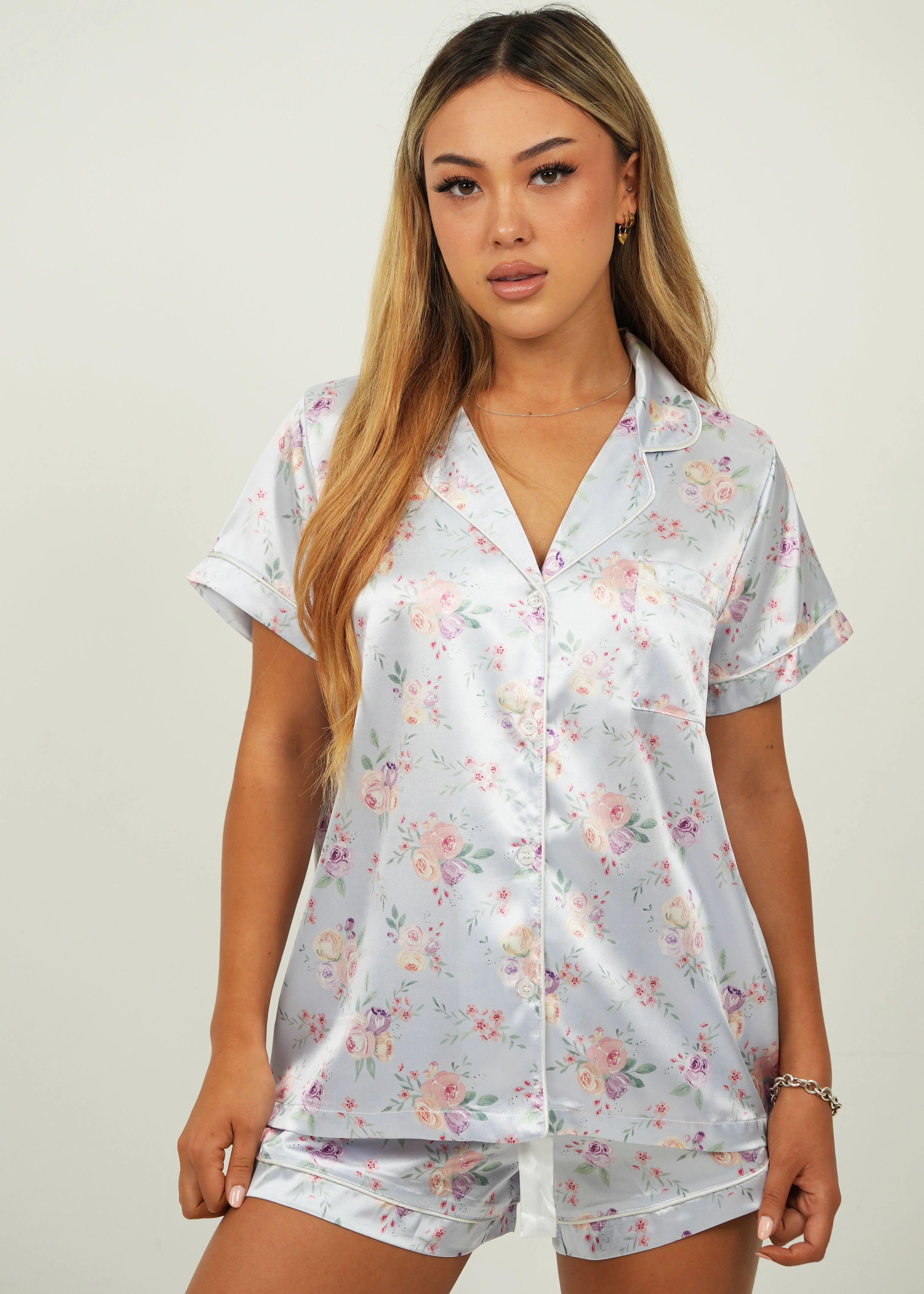 Lilac Blossom Satin Short Pajama Set