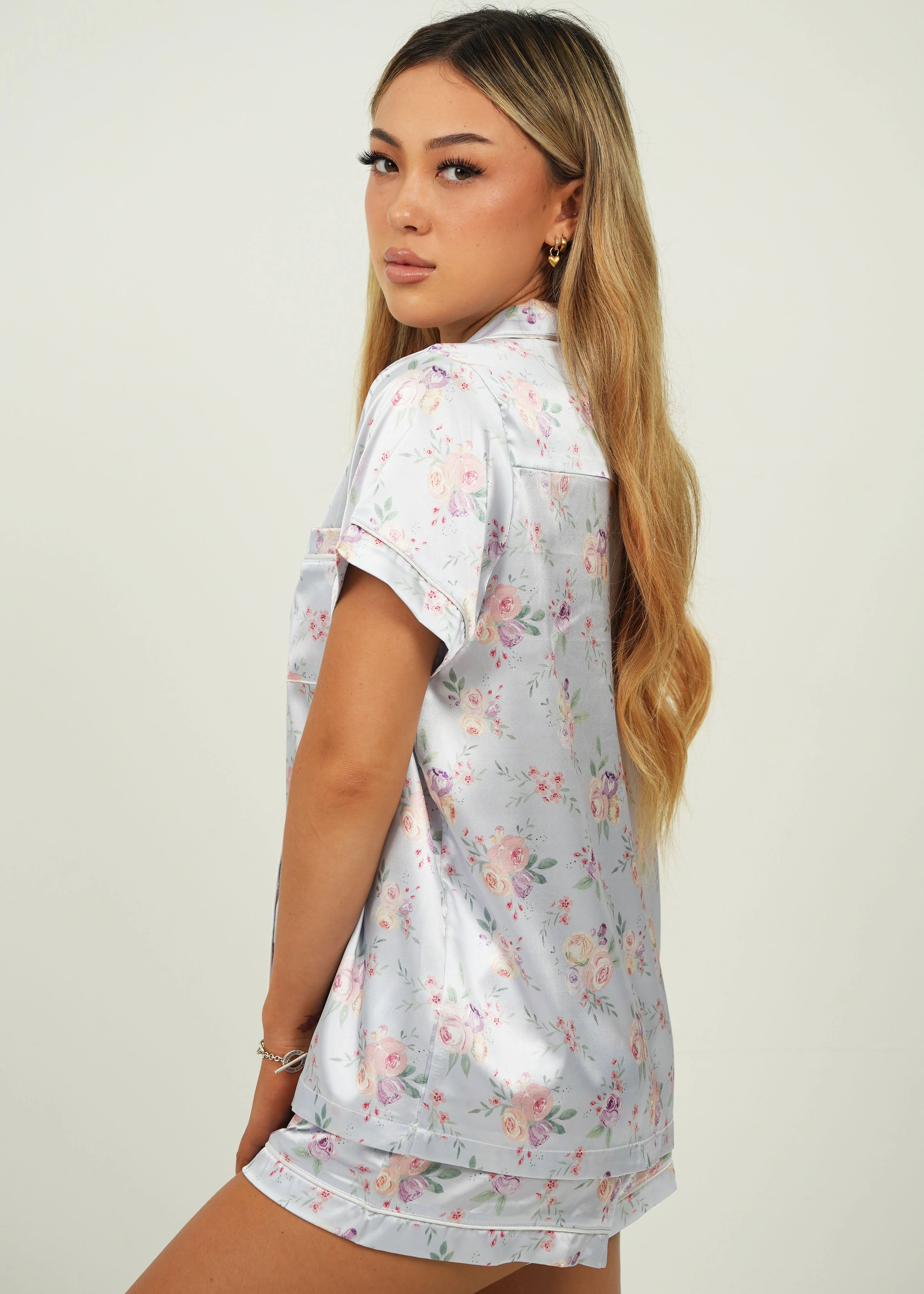 Lilac Blossom Satin Short Pajama Set - Image 3