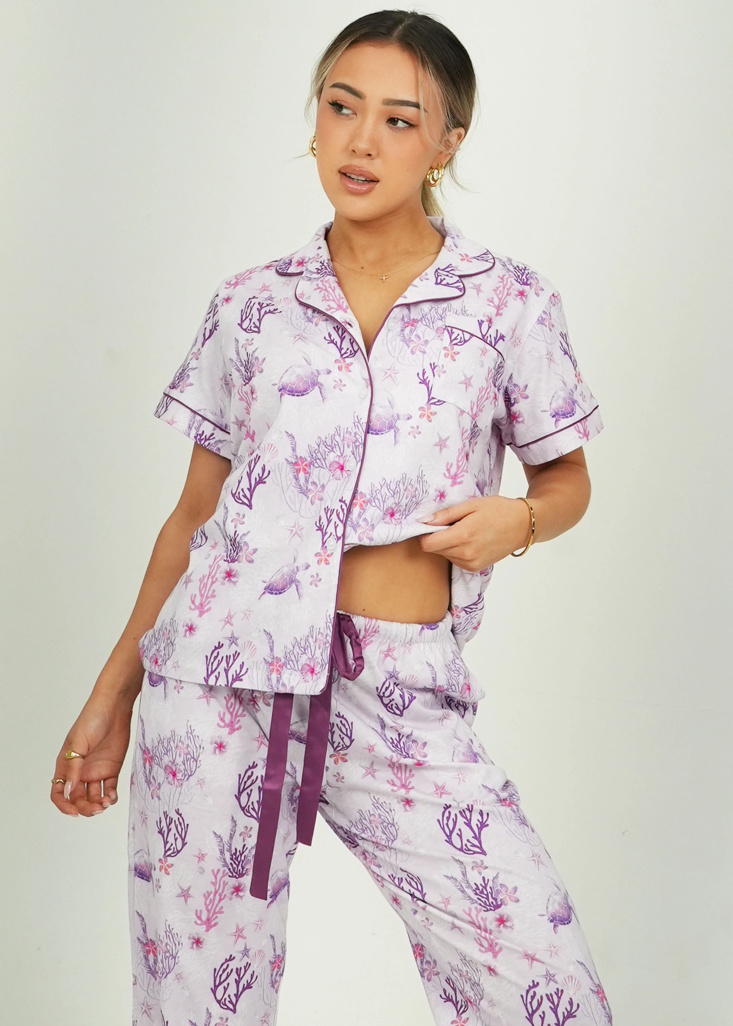 Lilac Coral Garden Jersey Knit Cotton Short Top / Long Pants PJ Set - Image 3