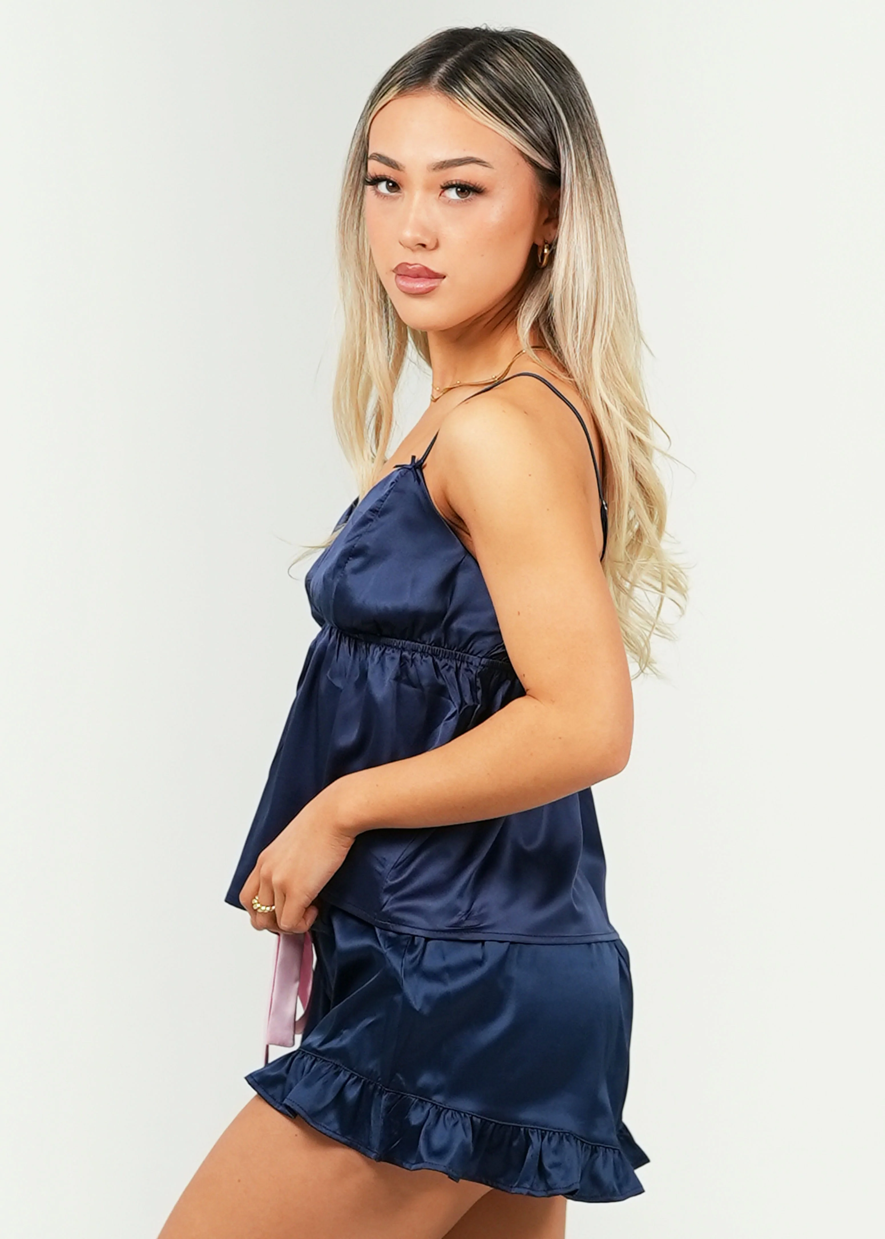 Matte Navy Satin Camisole Short Pajama Set - Image 3
