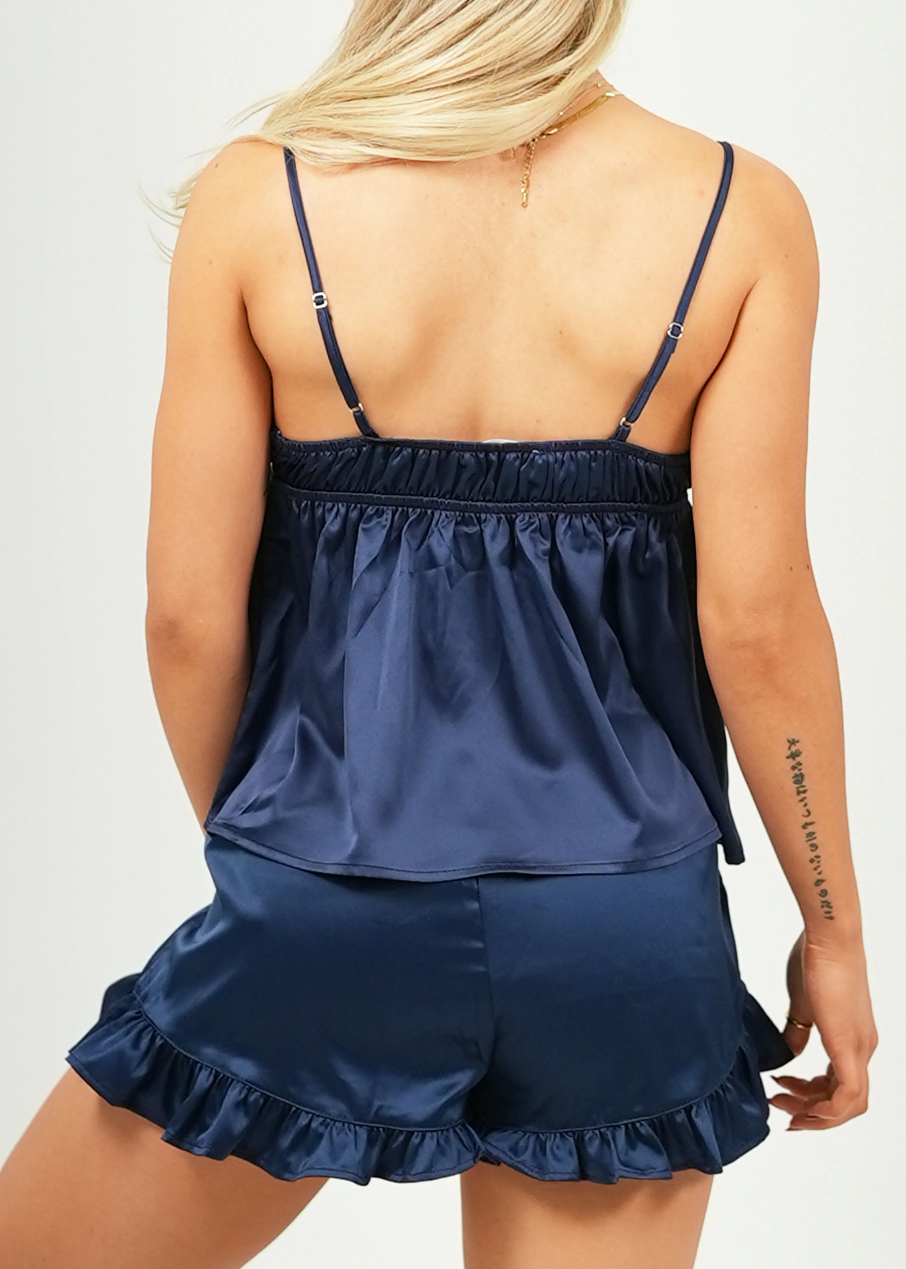 Matte Navy Satin Camisole Short Pajama Set - Image 4