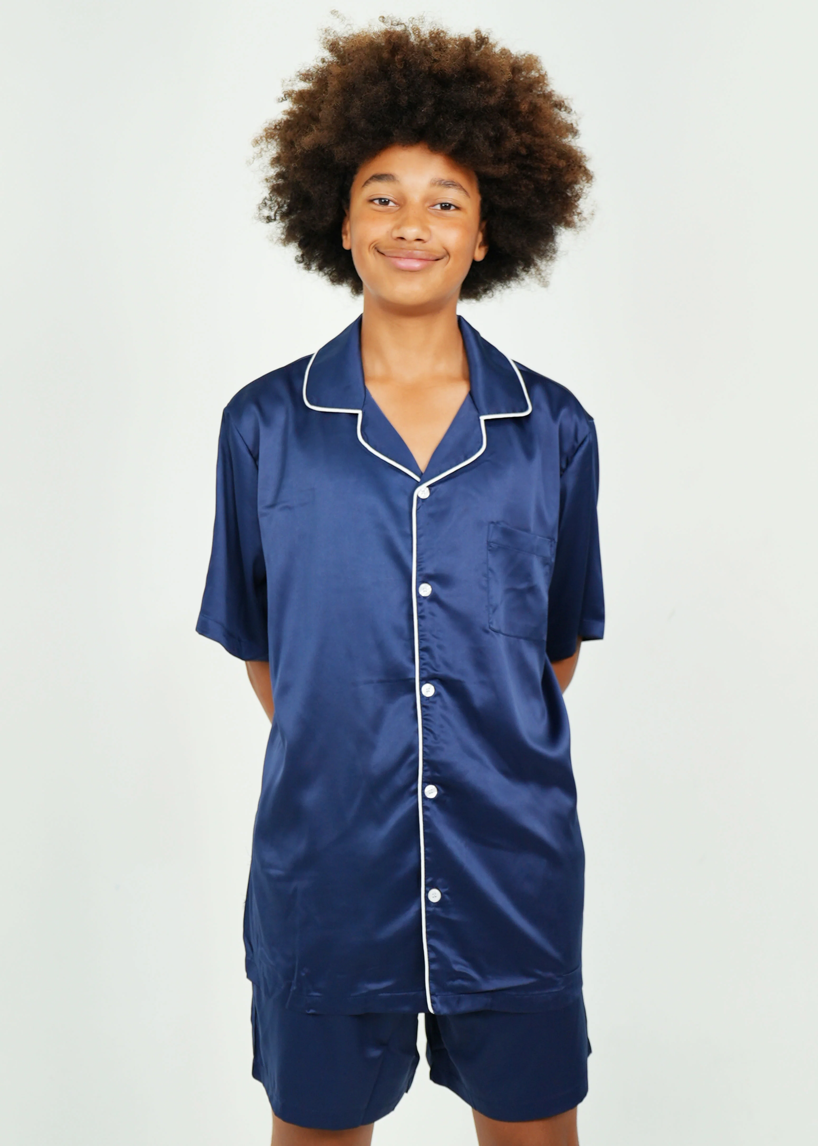 Mens Navy Matte Satin Short PJ Set - Image 3