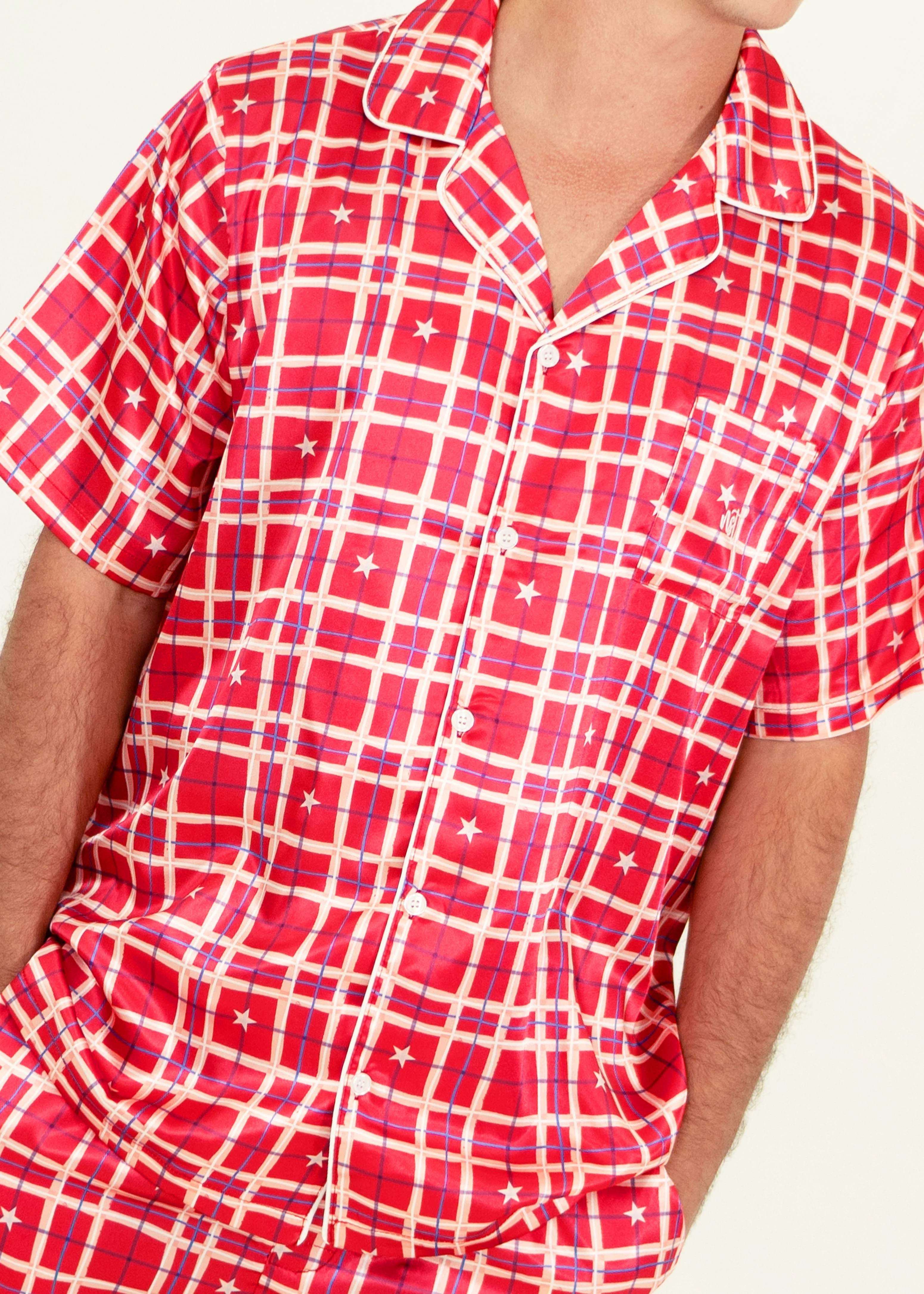 Mens Starry Tartan Red Satin Short Sleeve/Long Pants Pj Set - Image 3