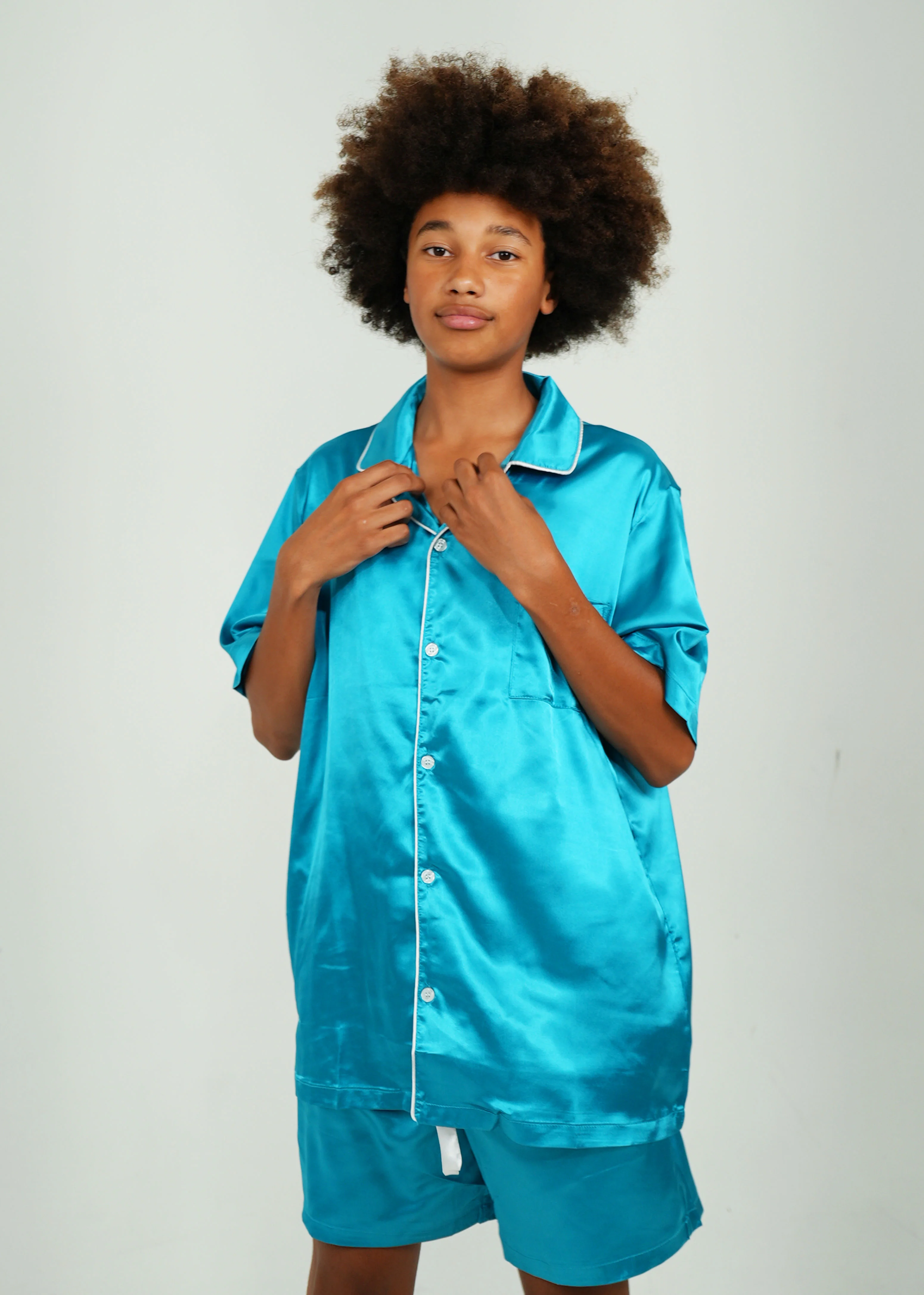 Mens Turquoise Satin Short Pajama Set - Image 3