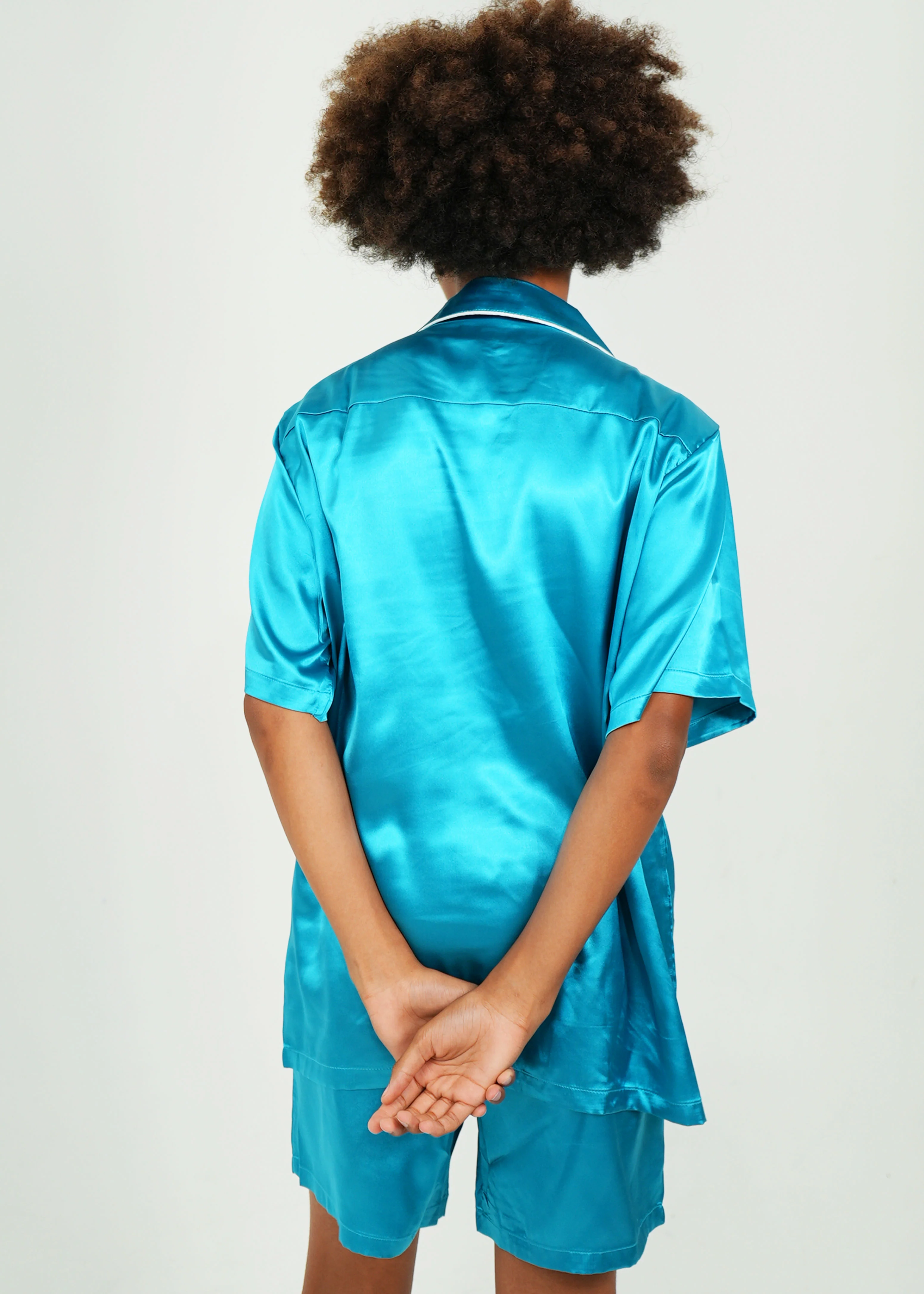 Mens Turquoise Satin Short Pajama Set - Image 4