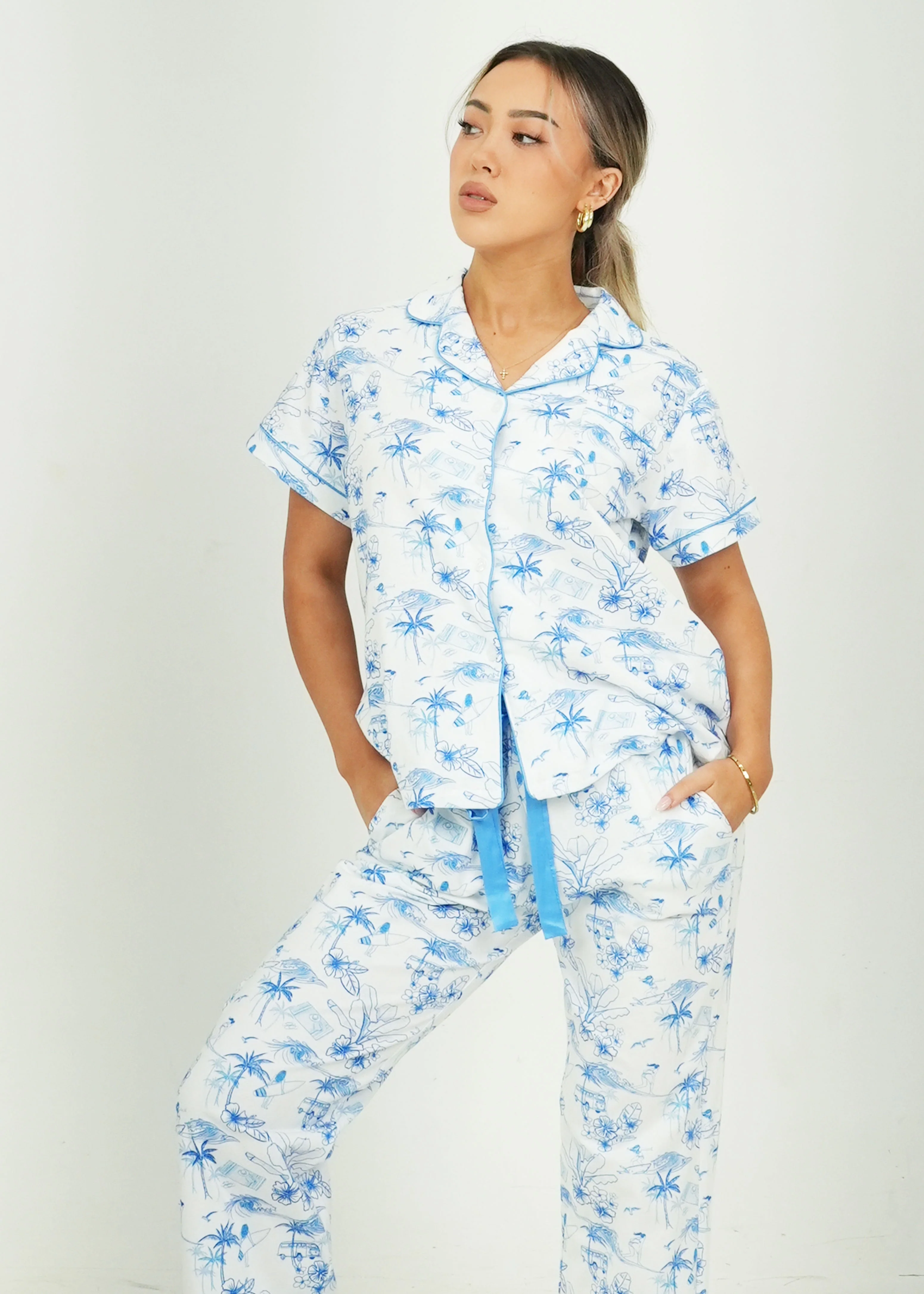 Morning Surf Jersey Knit Cotton Short Top / Long Pants PJ Set