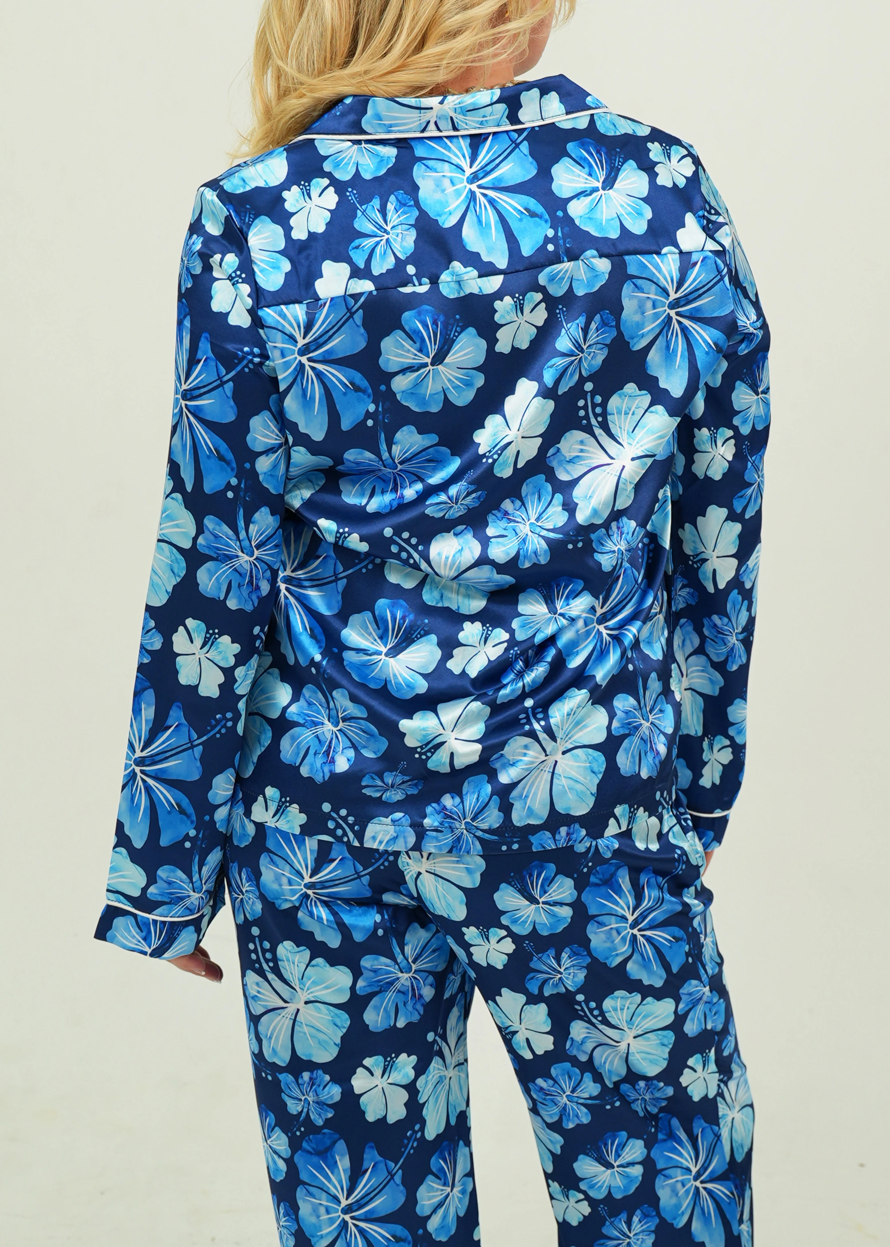 Navy Blue Hibiscus Long Satin Pajama Set - Image 4