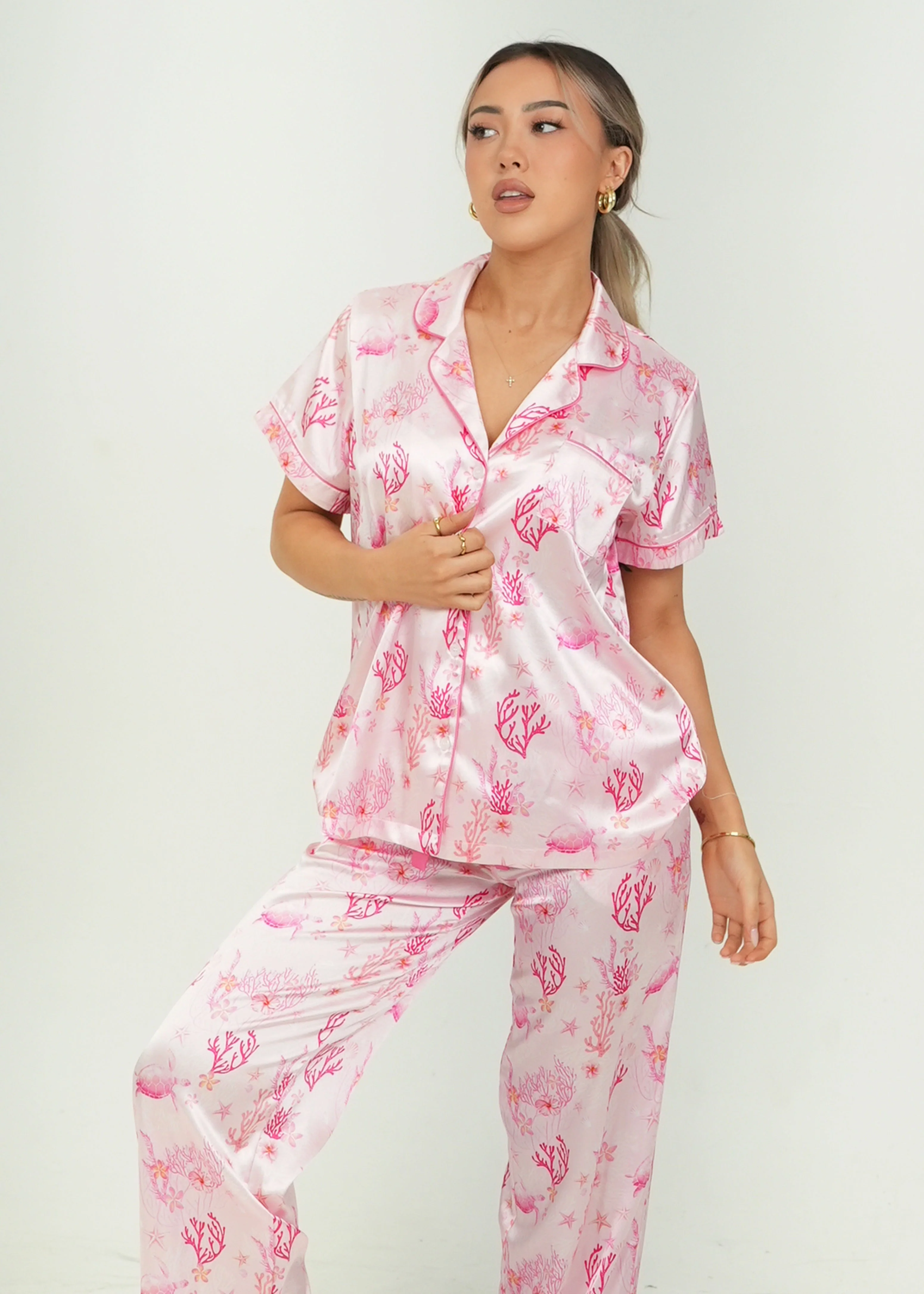 Pink Coral Garden Satin Long Pajama Set