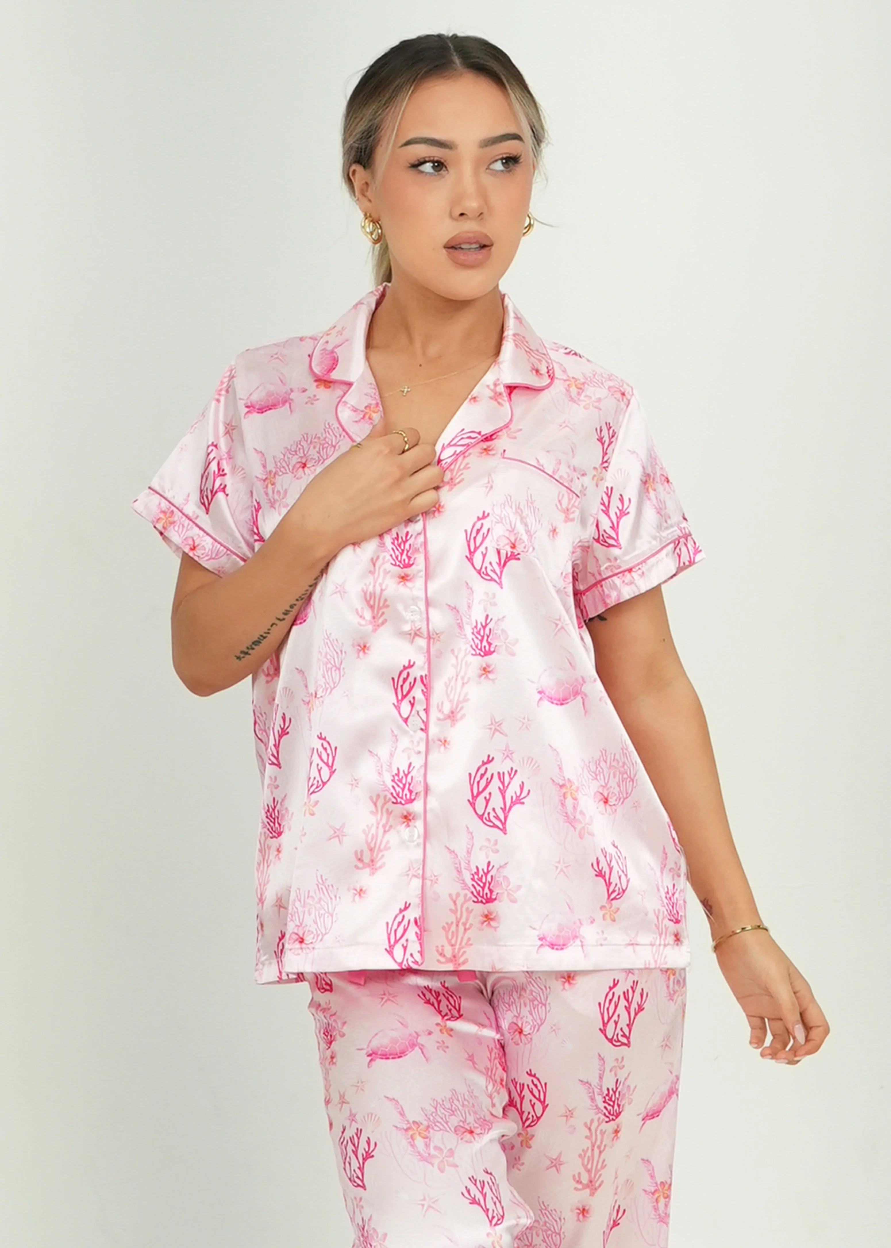 Pink Coral Garden Satin Long Pajama Set - Image 3