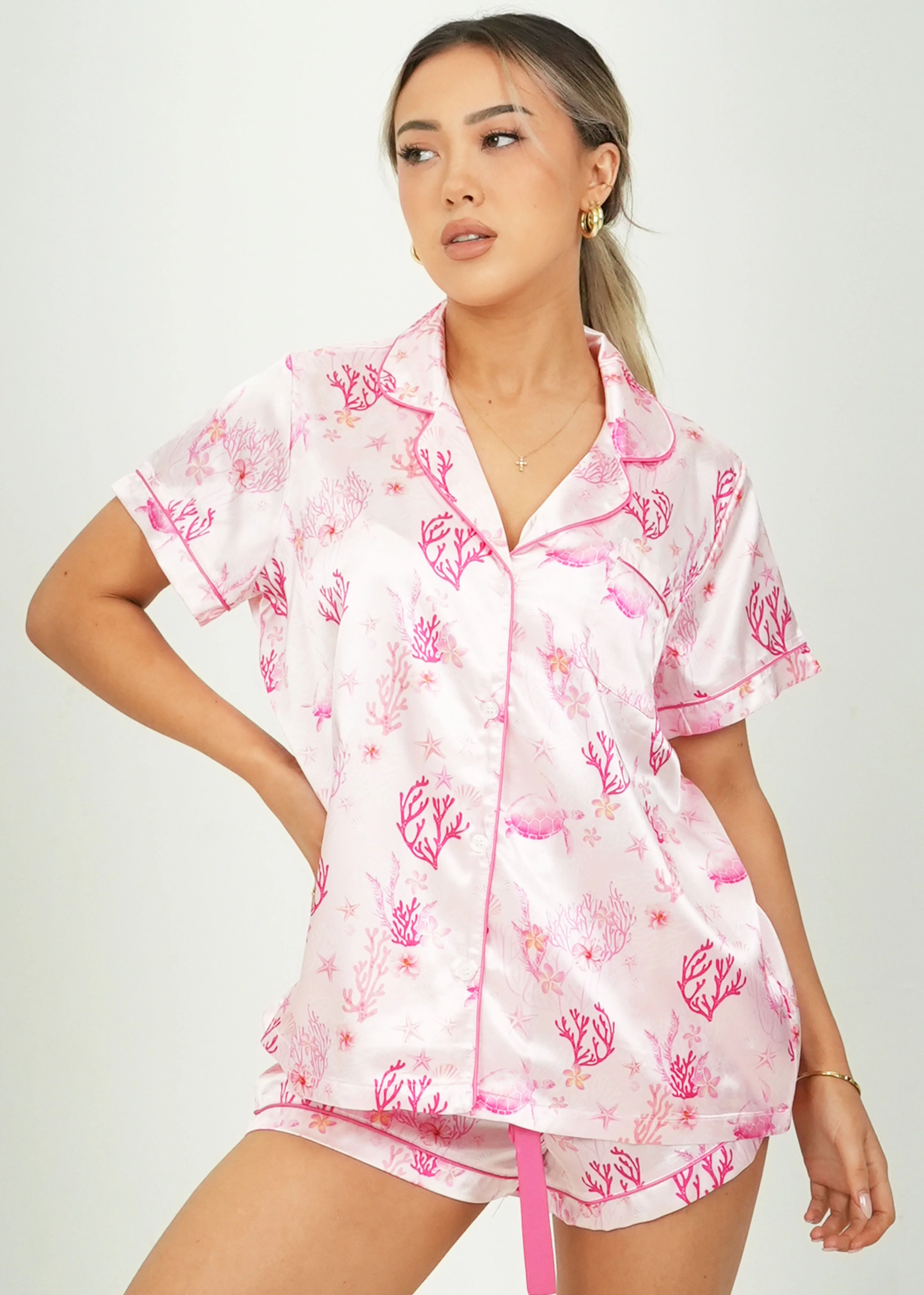 Pink Coral Garden Short Satin PJ Set