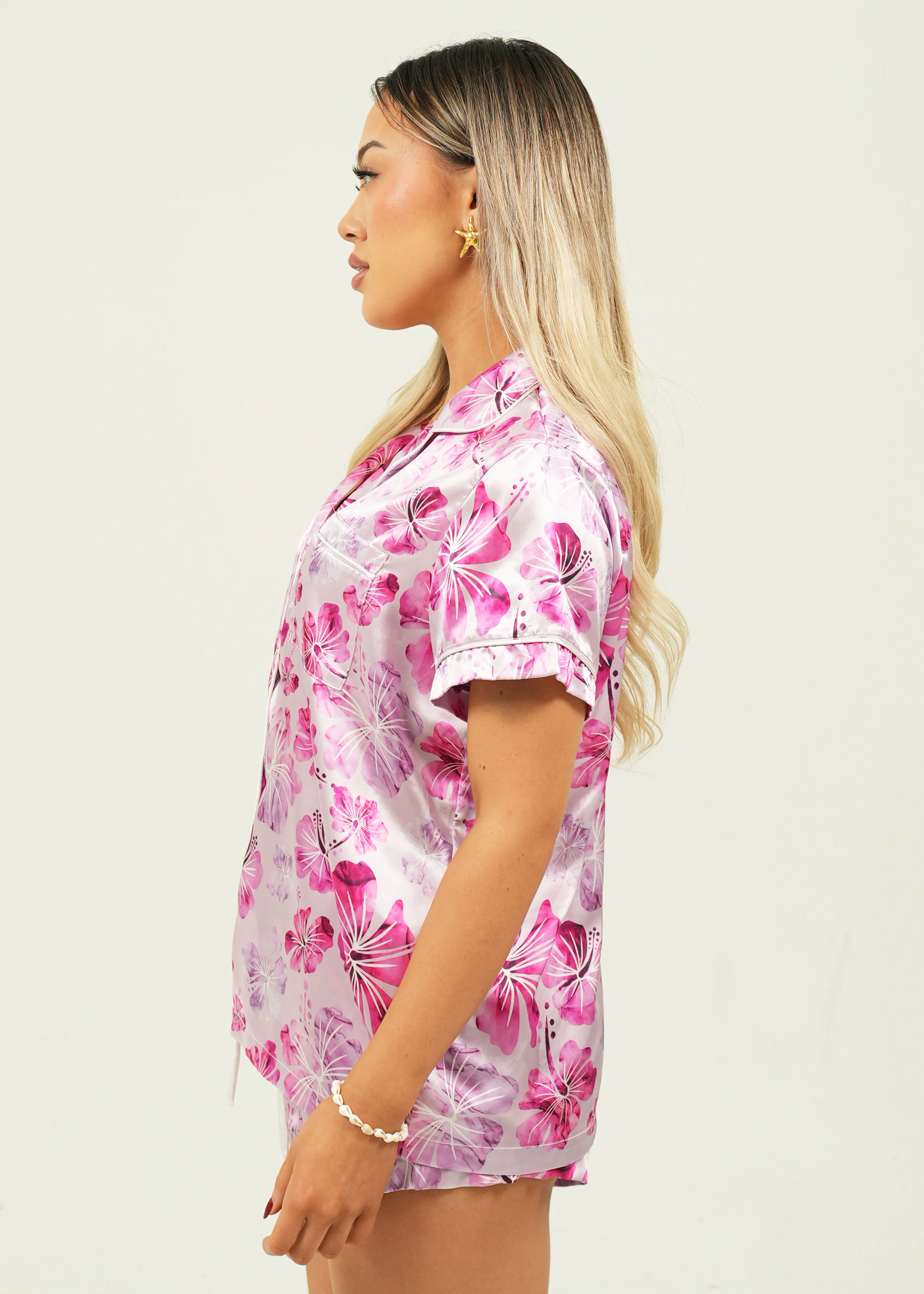 Pink Hibiscus Short Satin Pajama Set - Image 3