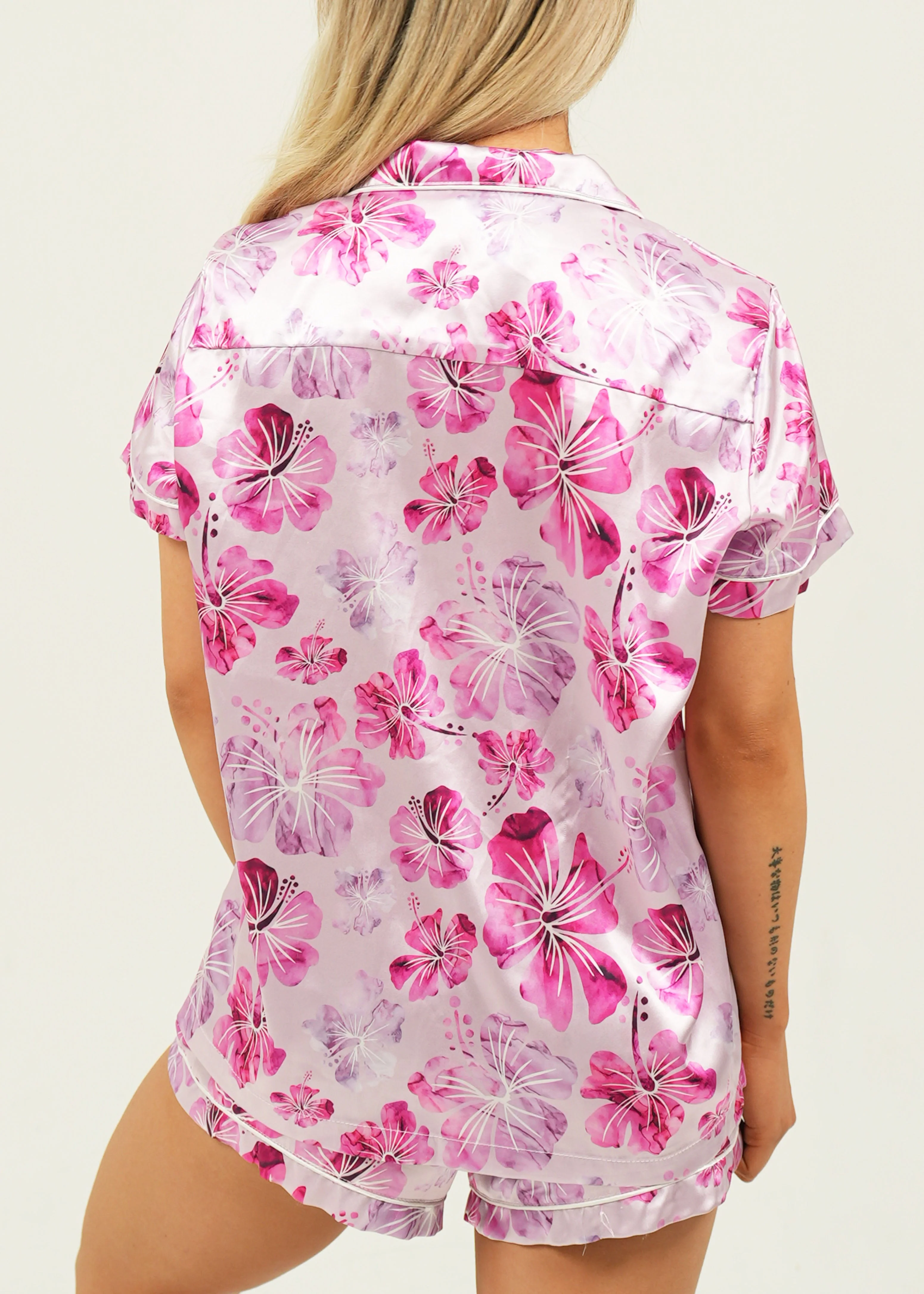 Pink Hibiscus Short Satin Pajama Set - Image 4