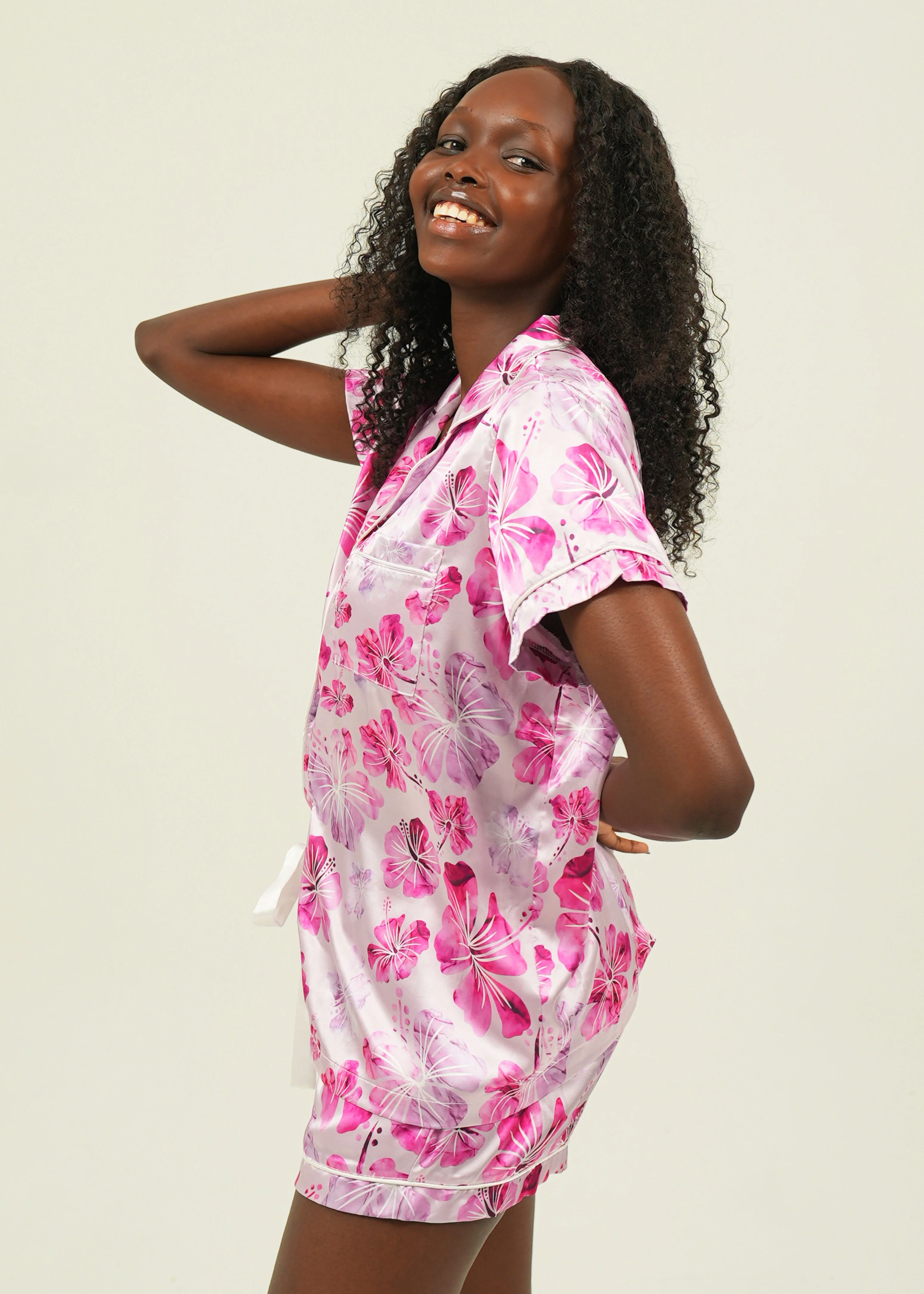 Pink Hibiscus Short Satin Pajama Set - Image 8