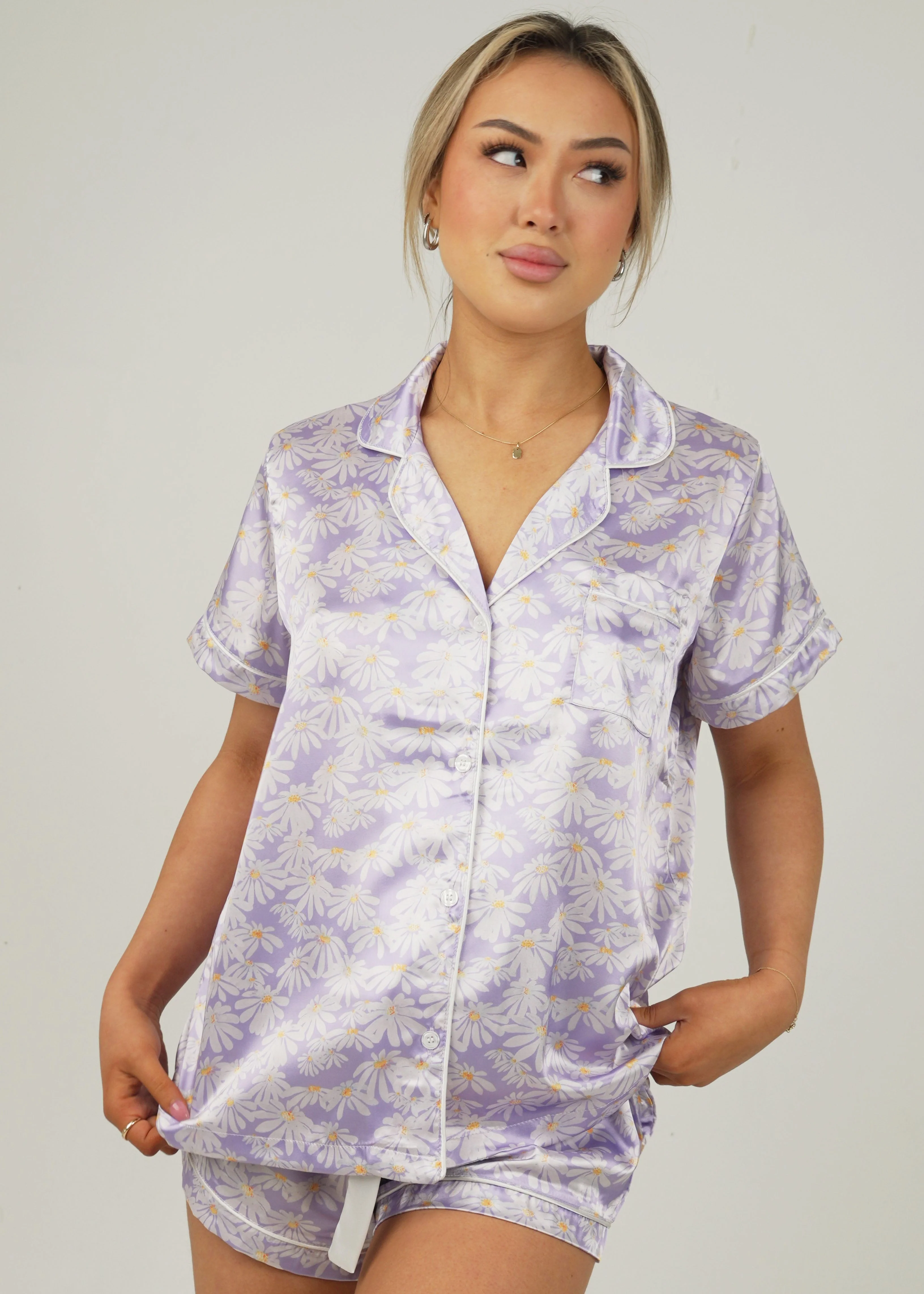 Purple Daisy Satin Short Pajama Set - Image 4