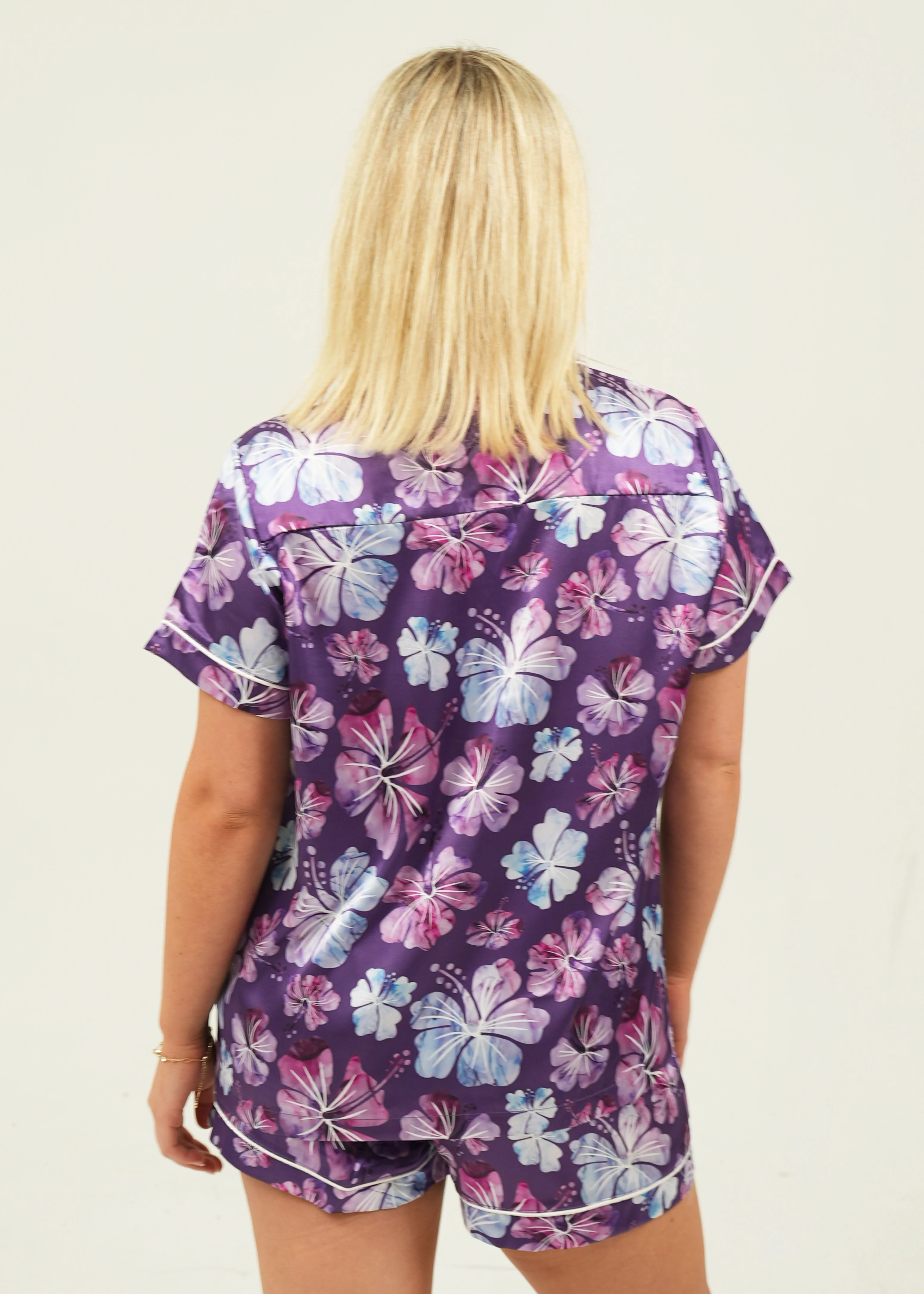 Purple Hibiscus Short Satin Pajama Set - Image 4