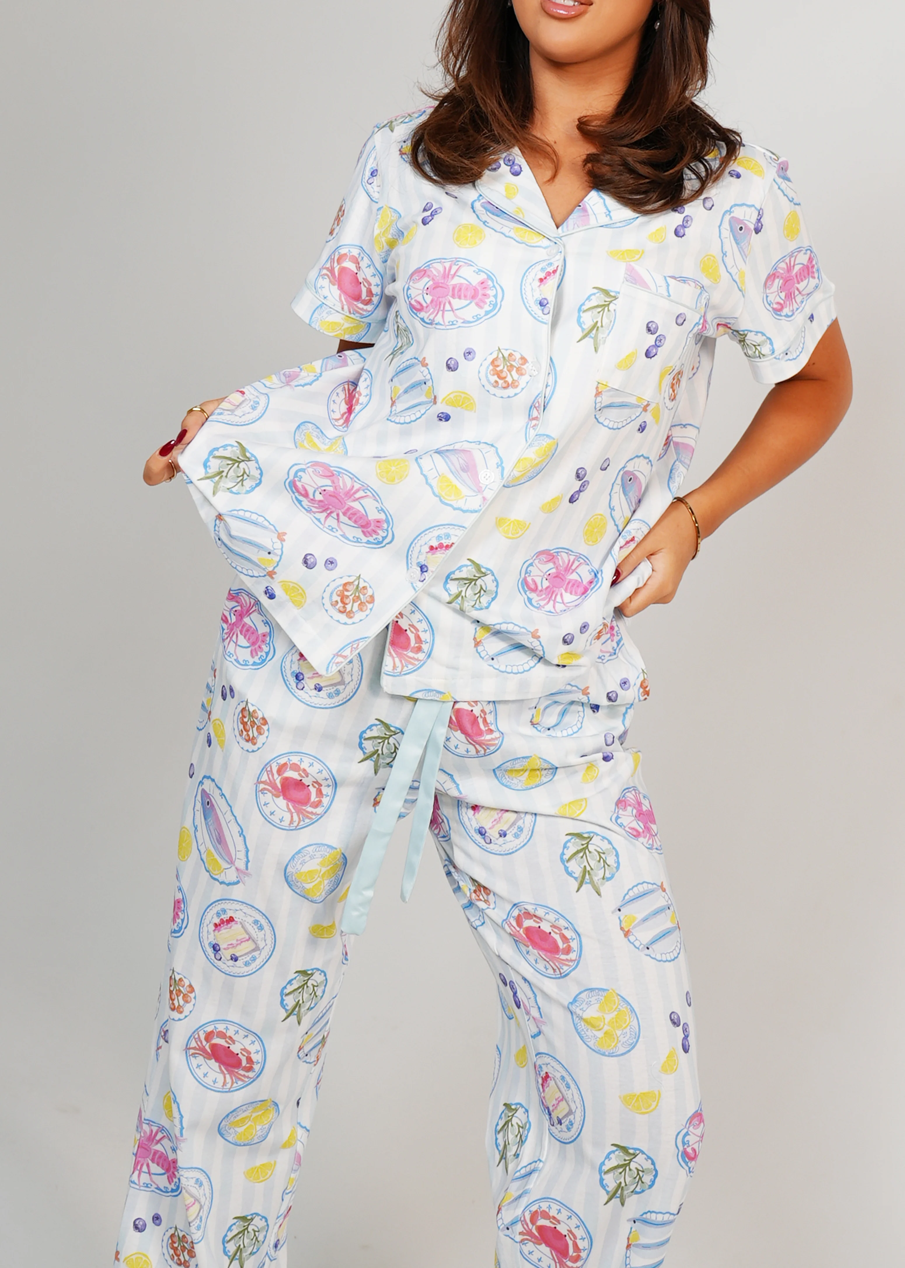 Seaside Picnic Jersey Knit Cotton Short Top / Long Pants PJ Set - Image 11