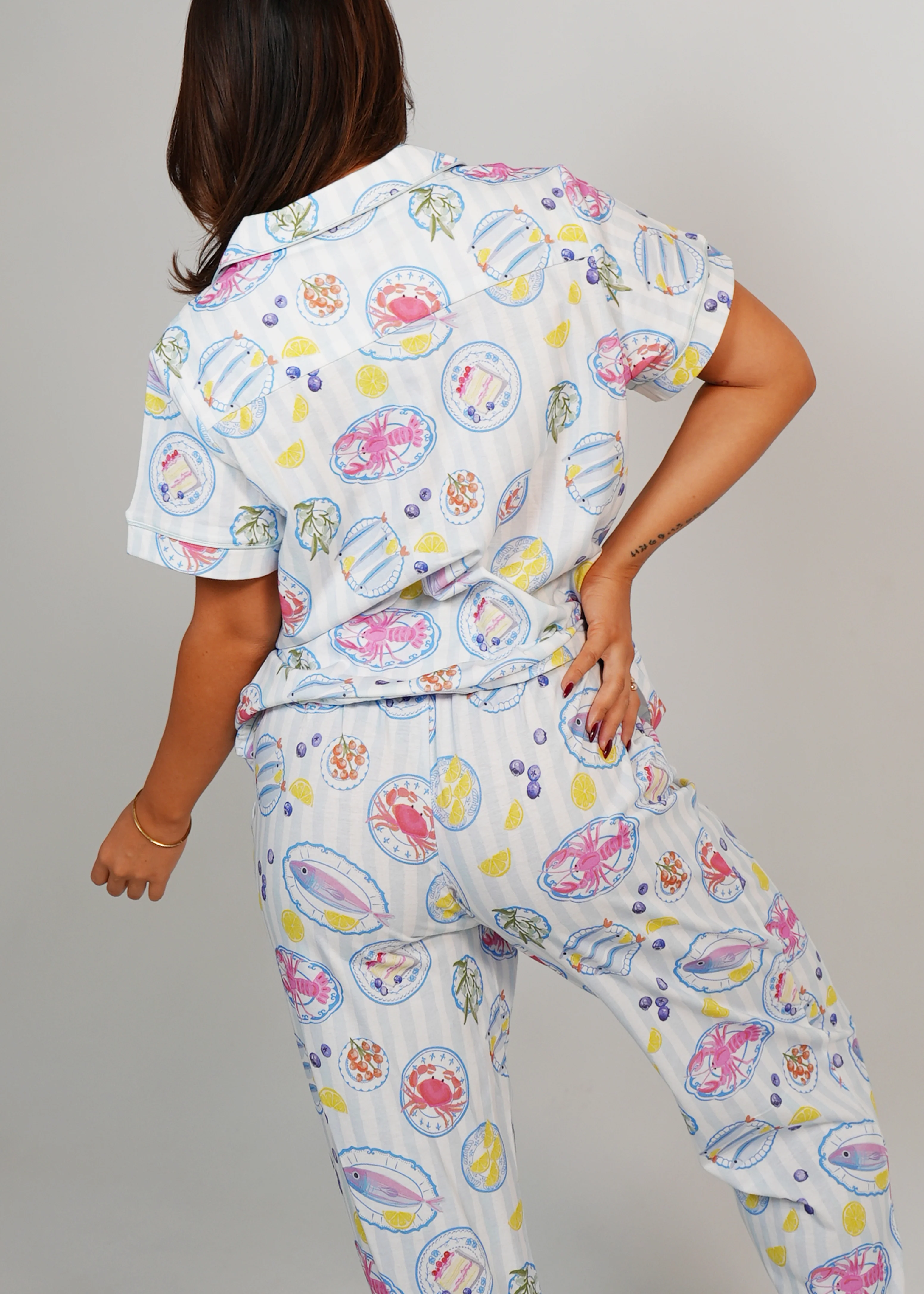 Seaside Picnic Jersey Knit Cotton Short Top / Long Pants PJ Set - Image 14