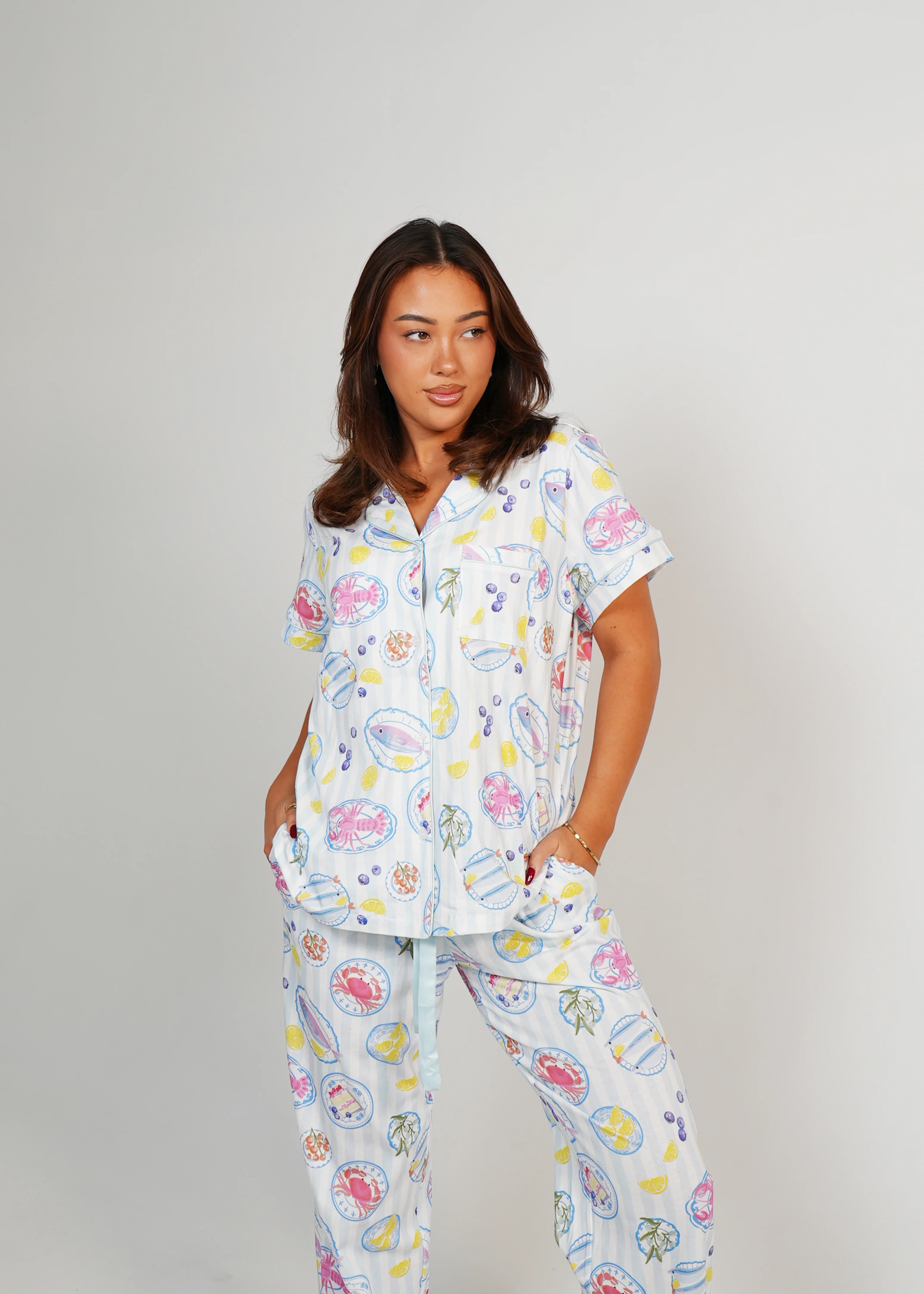 Seaside Picnic Jersey Knit Cotton Short Top / Long Pants PJ Set - Image 5