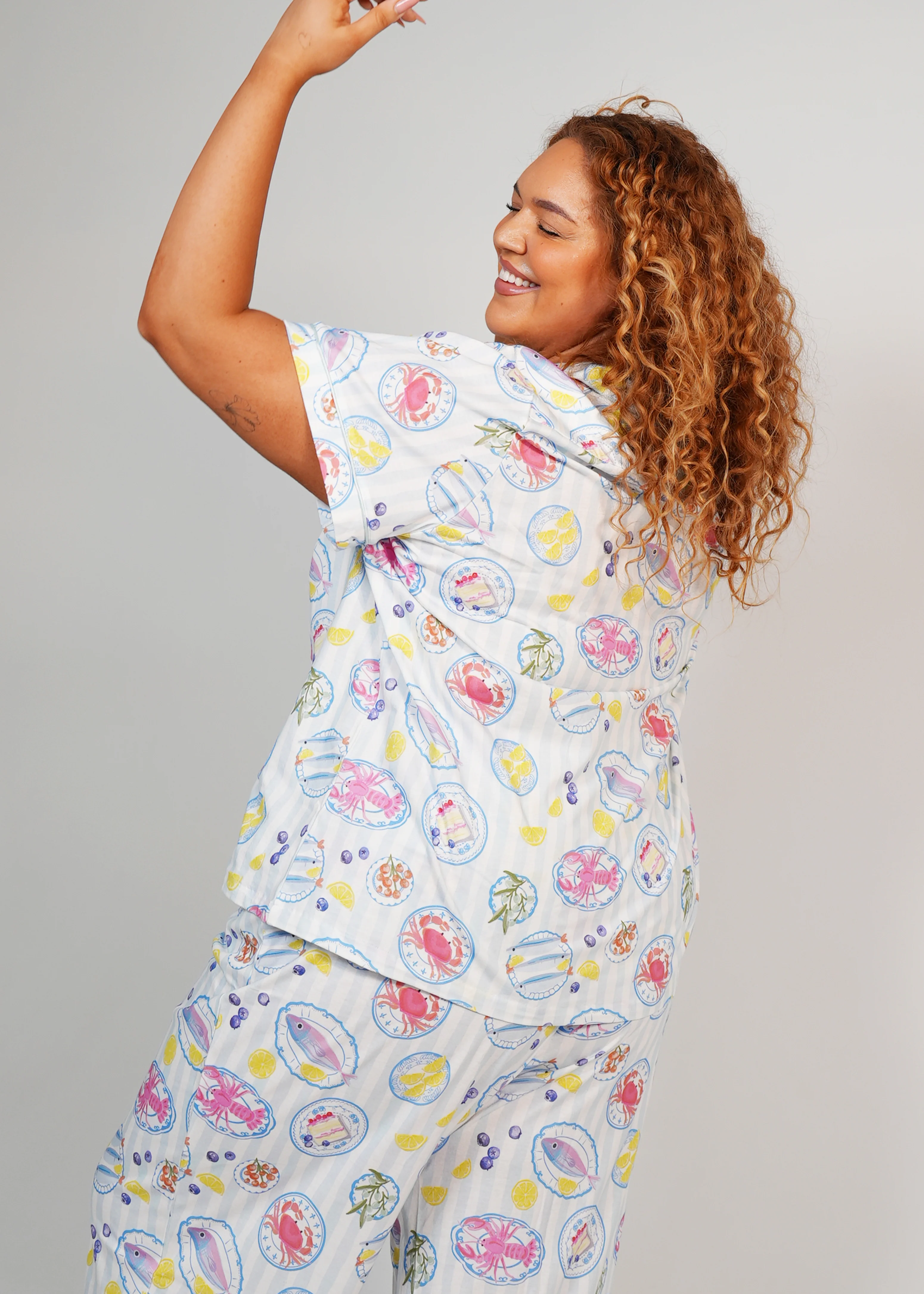 Seaside Picnic Jersey Knit Cotton Short Top / Long Pants PJ Set - Image 7