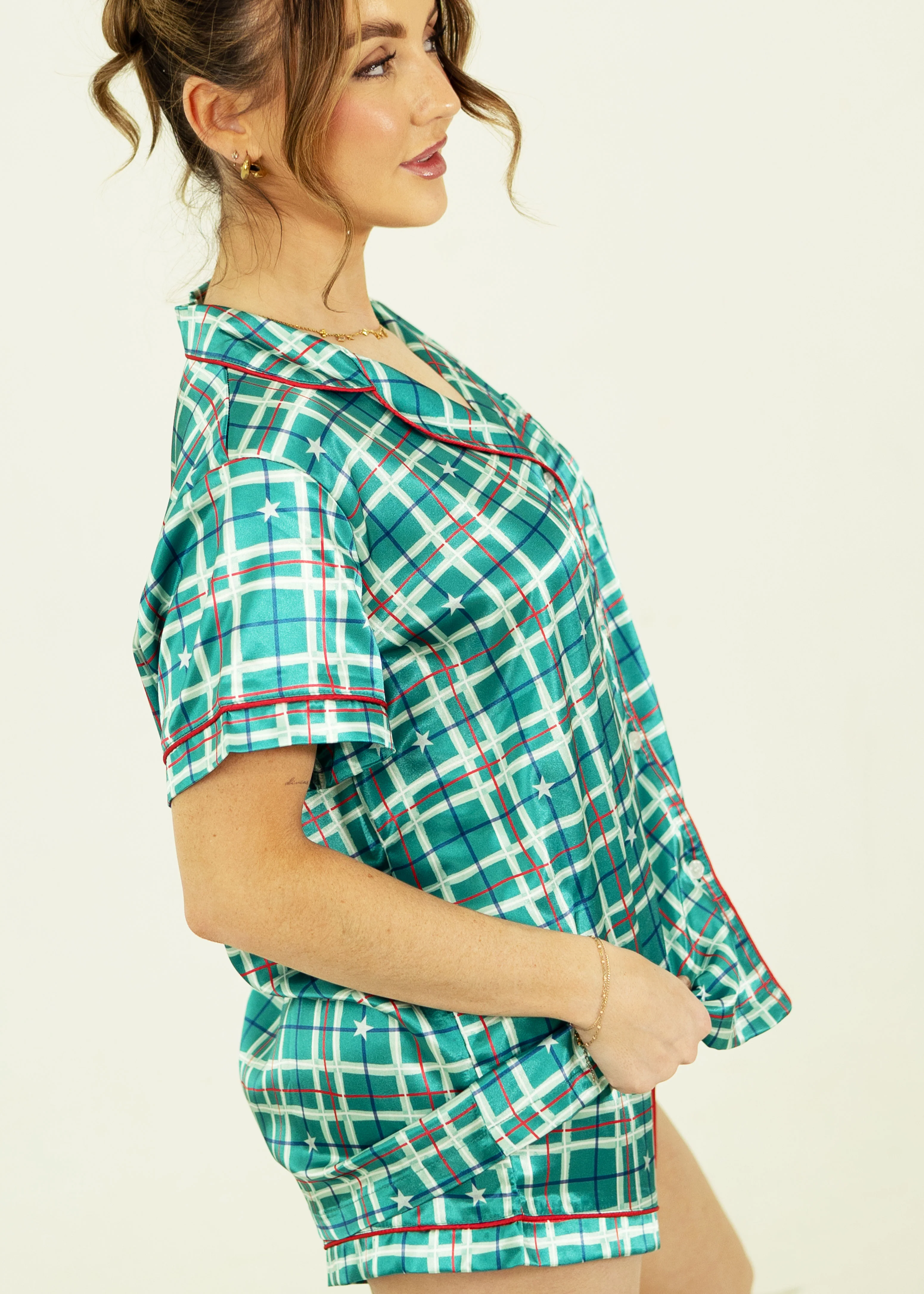 Starry Tartan Green Short Satin PJ Set - Image 3