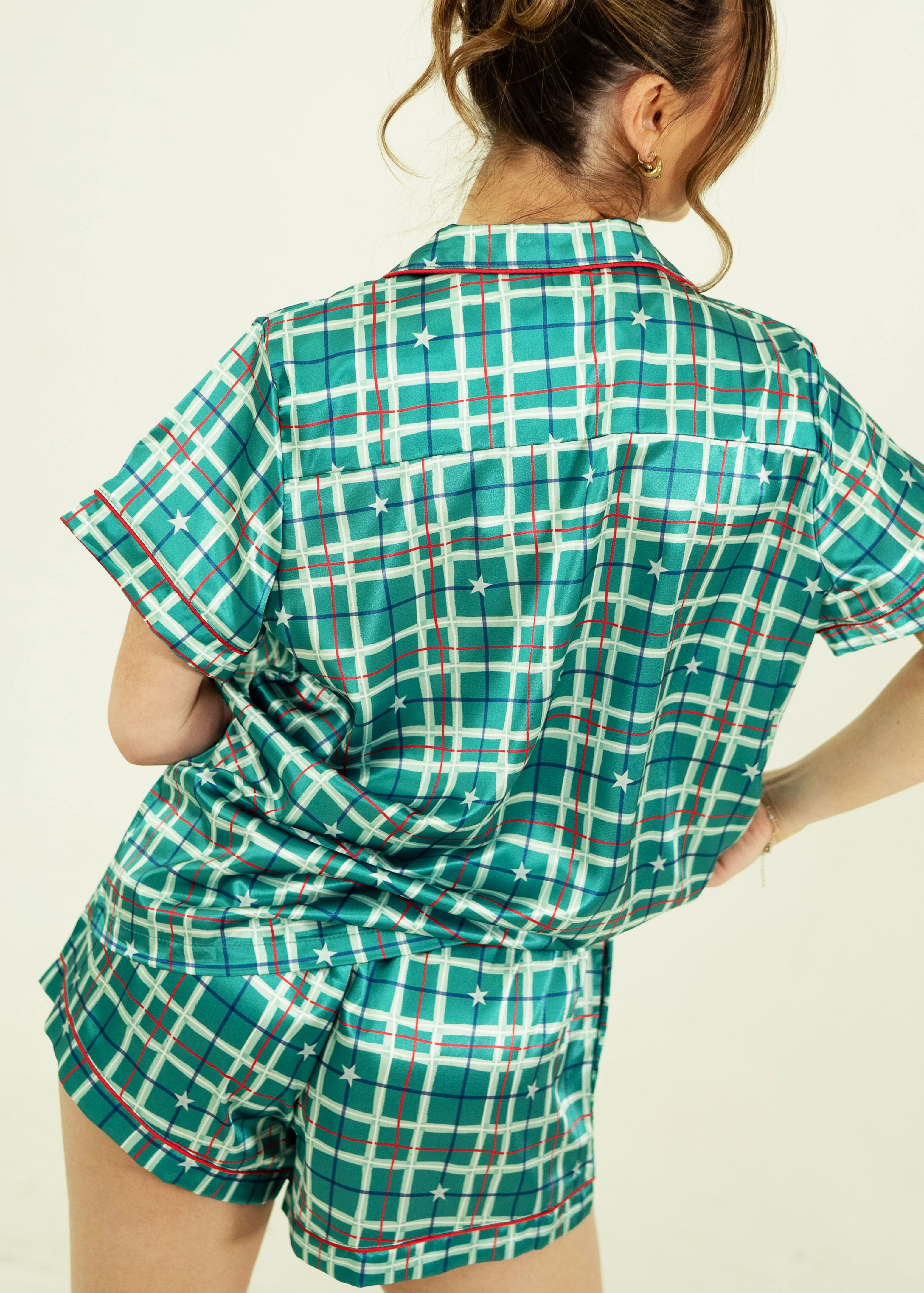 Starry Tartan Green Short Satin PJ Set - Image 5