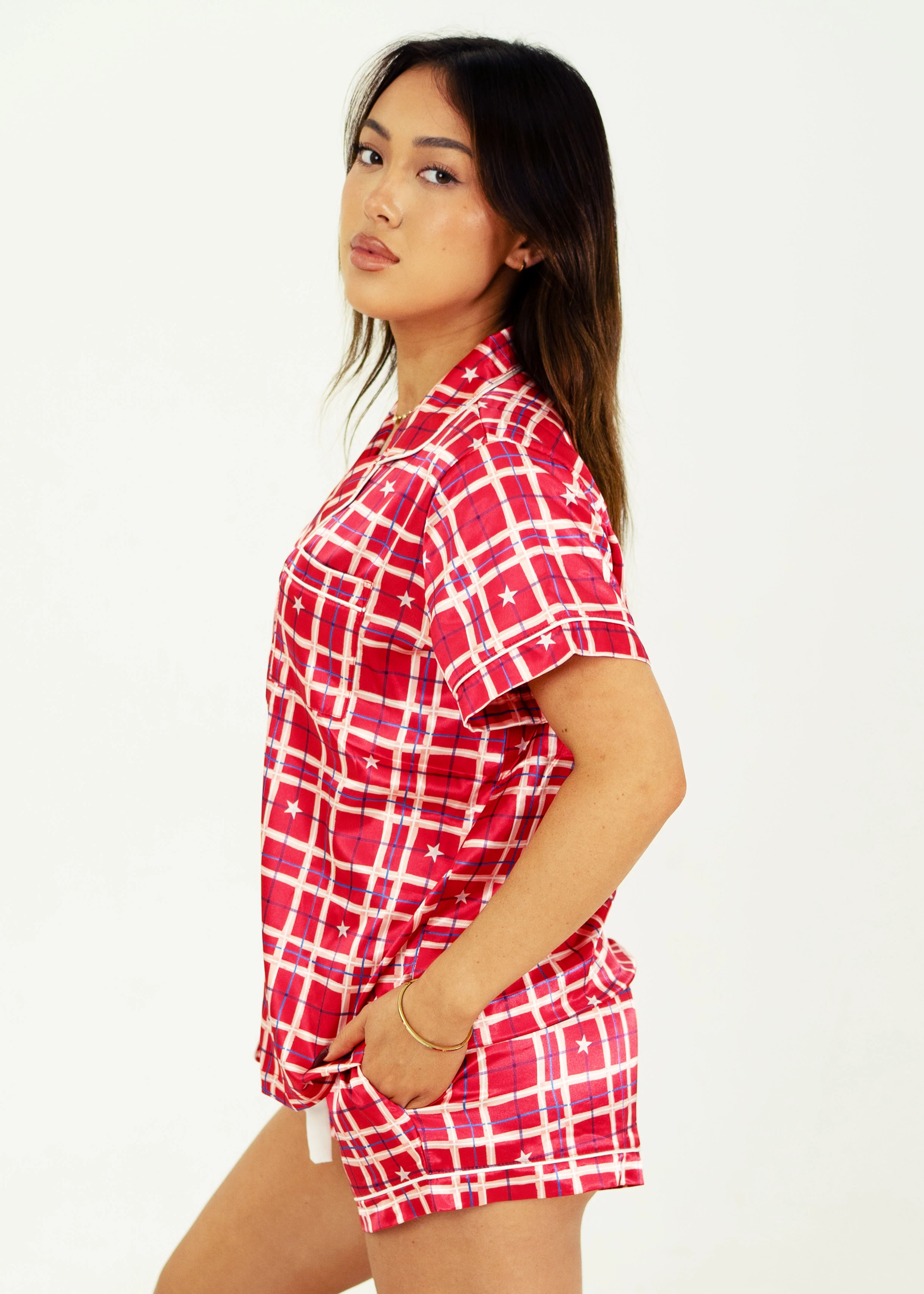 Starry Tartan Red Short Satin PJ Set - Image 4