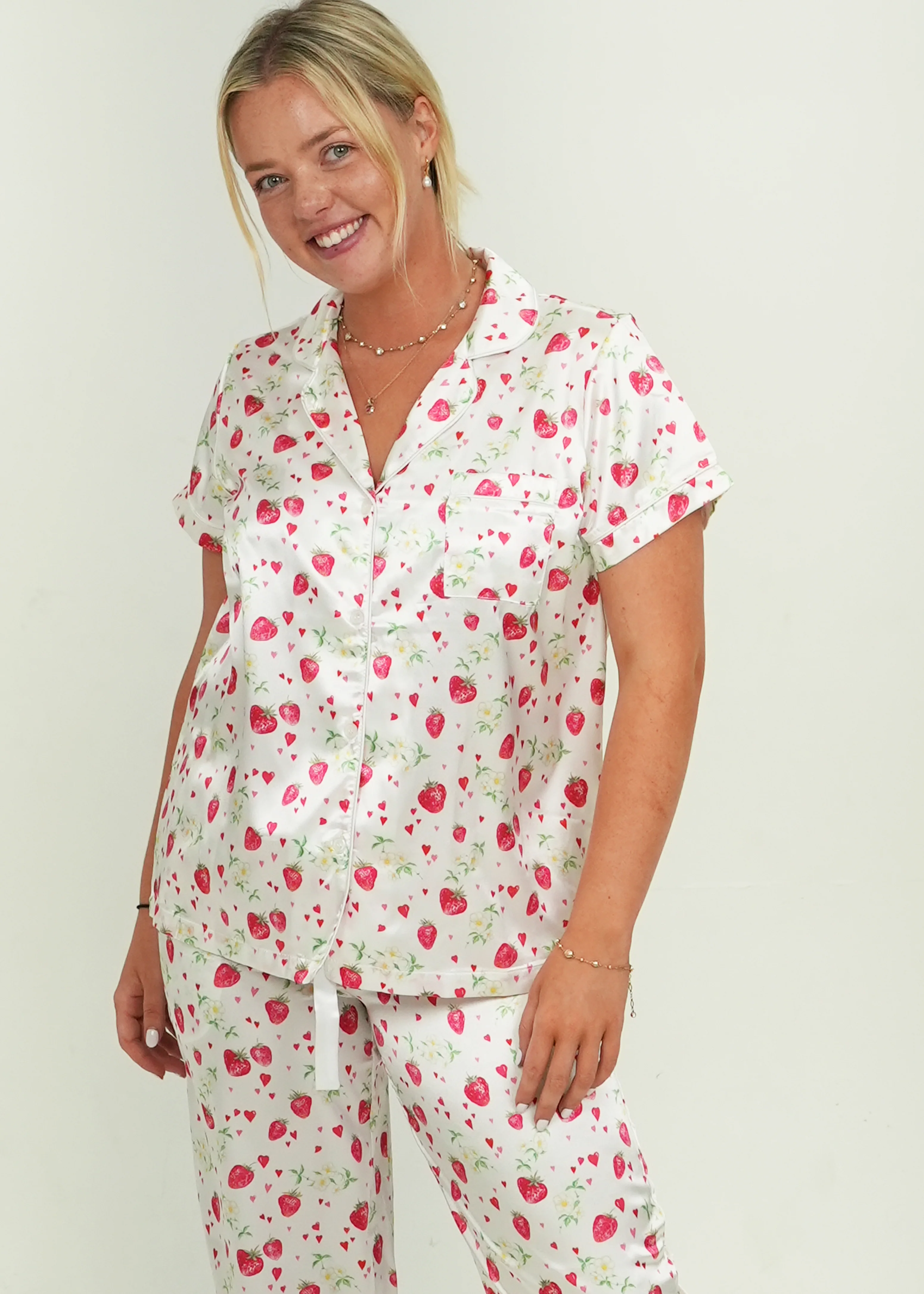 Strawberries Satin Short Top / Long Pants Pajama Set - Image 3