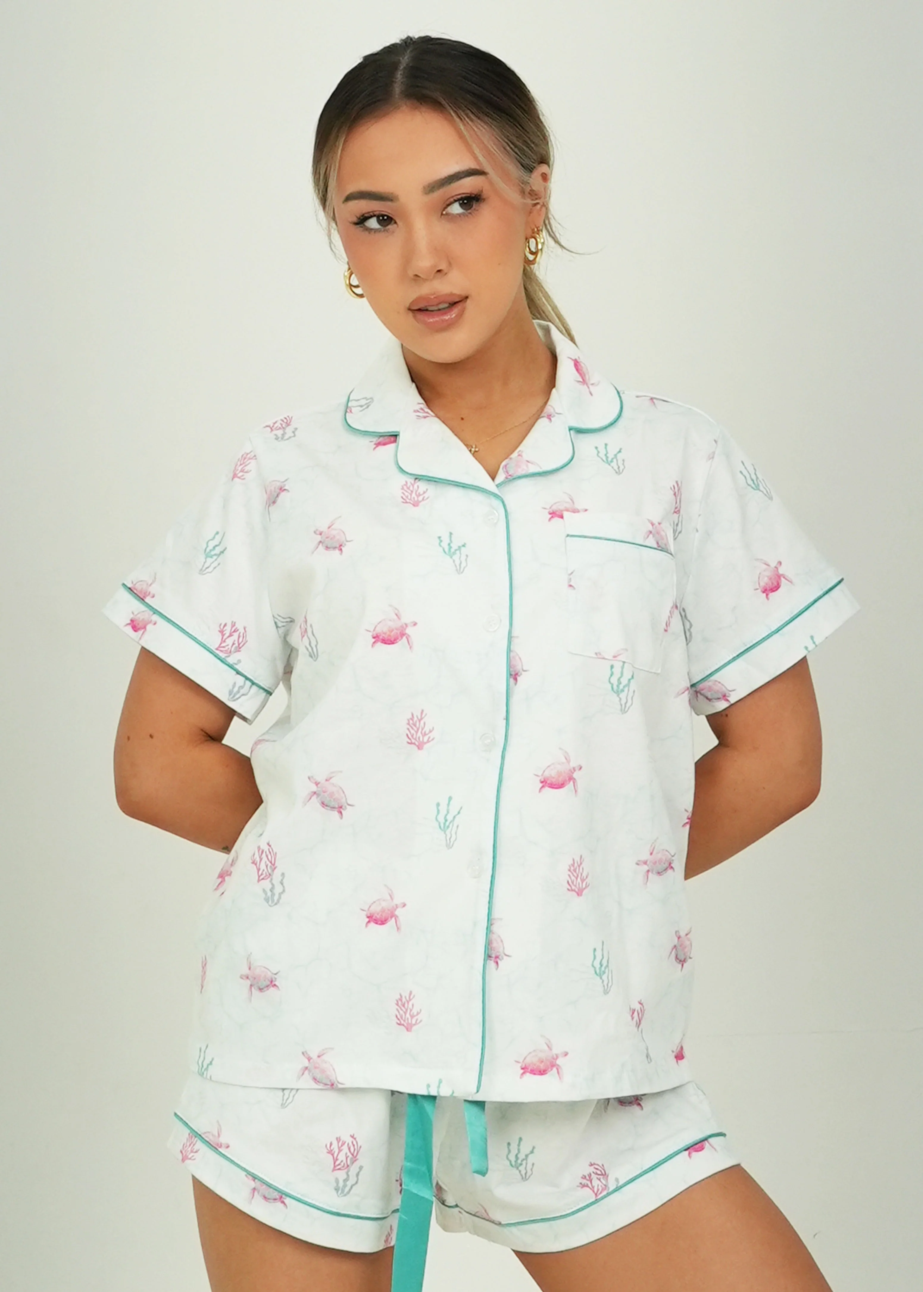 White Turtles Jersey Knit Cotton Short PJ Set
