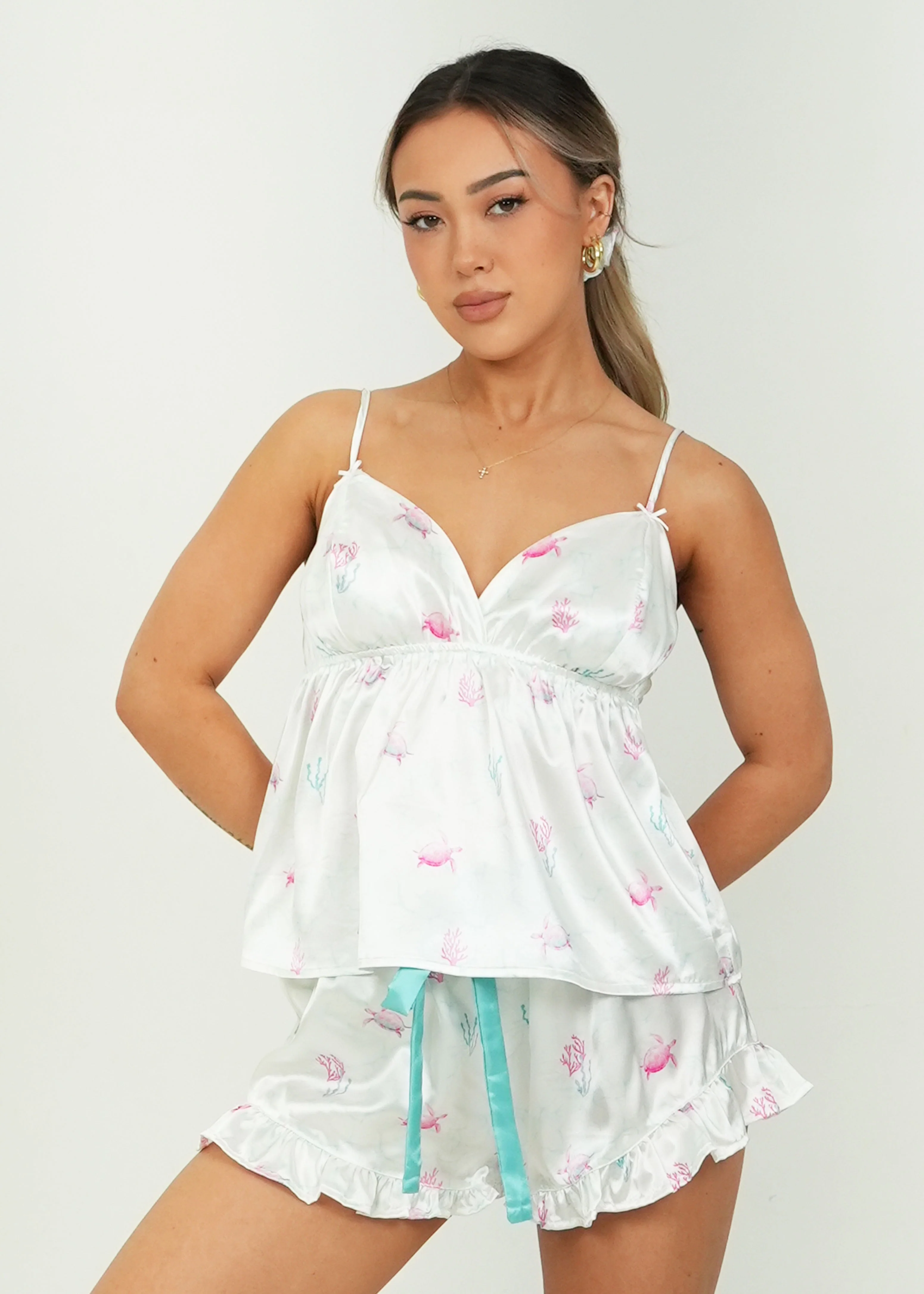 White Turtles Satin Camisole Short Pajama Set - Image 2