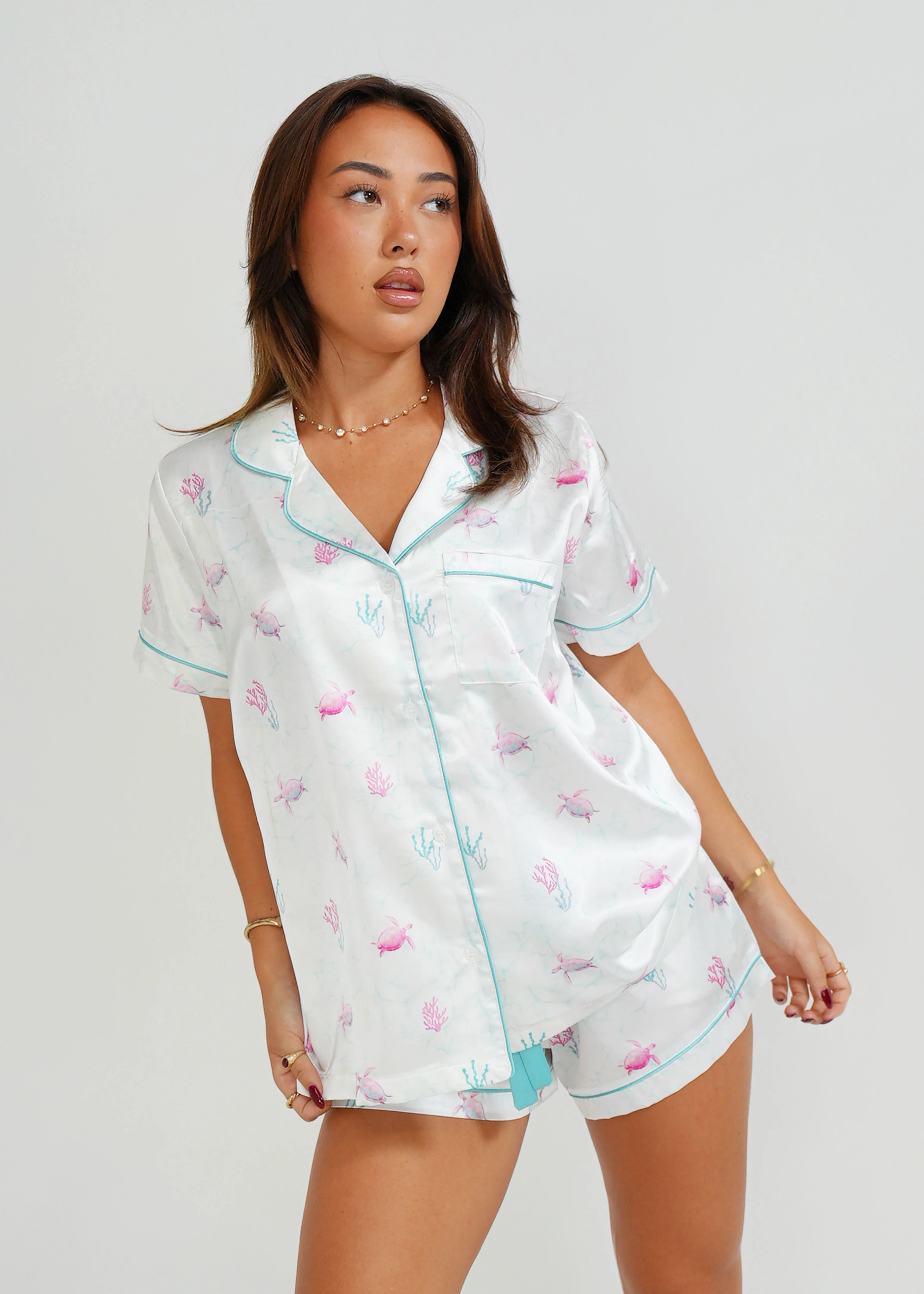 White Turtles Short Satin PJ Set