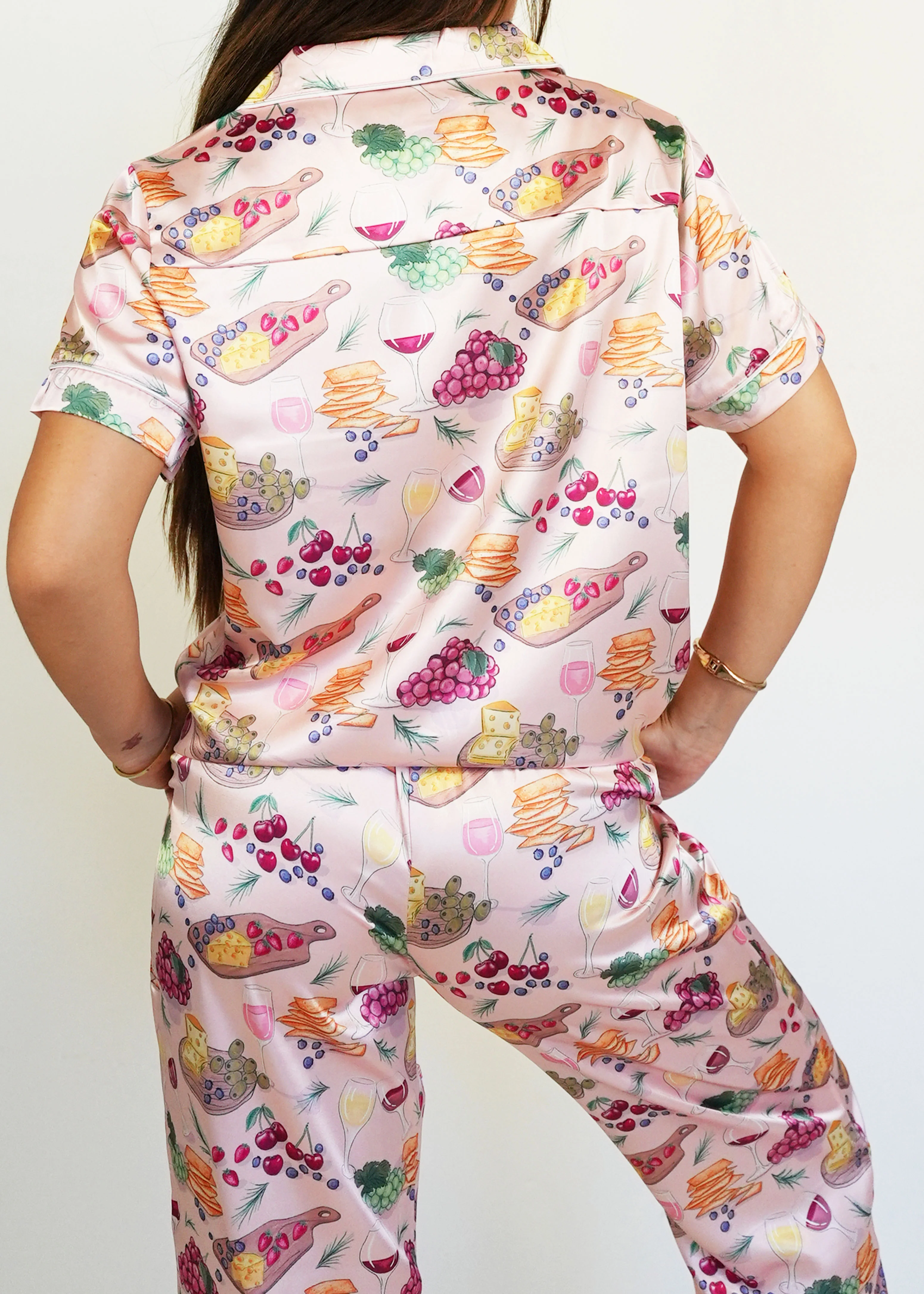 Wine & Cheese Satin Short Top / Long Pants Pajama Set - Image 4