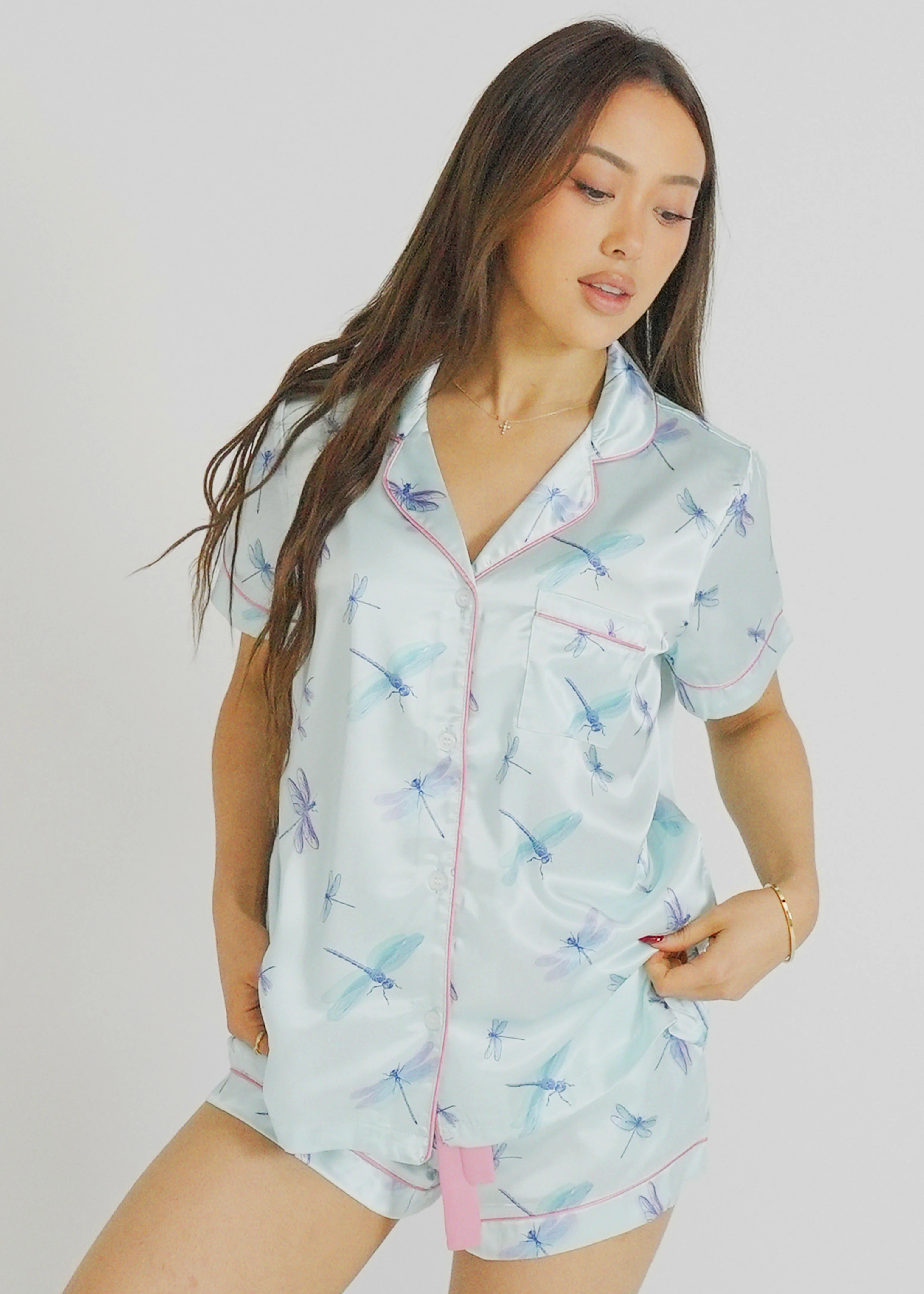 Women's Aqua Dragonflies Short Satin PJ Set
