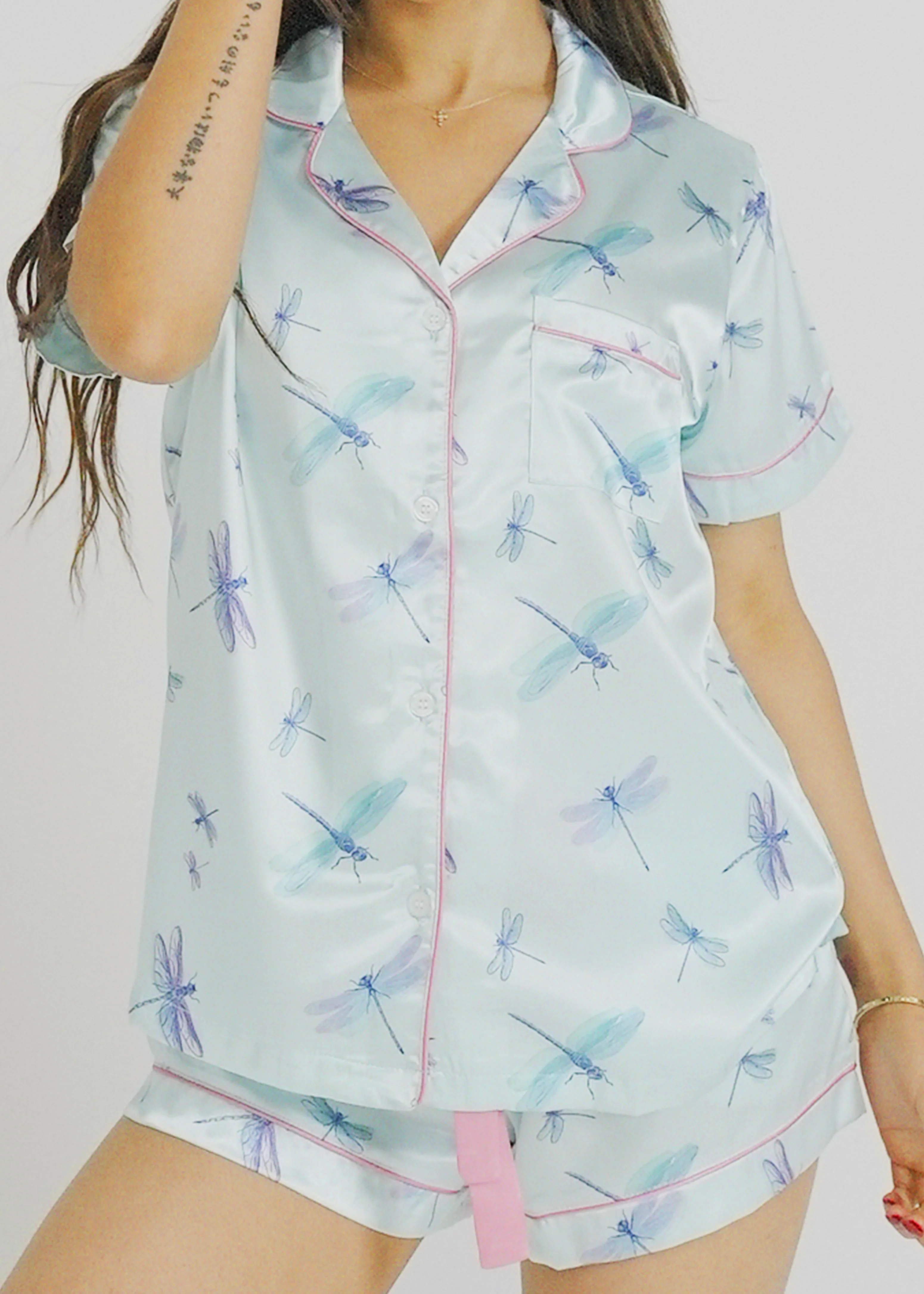 Women's Aqua Dragonflies Short Satin PJ Set - Image 2
