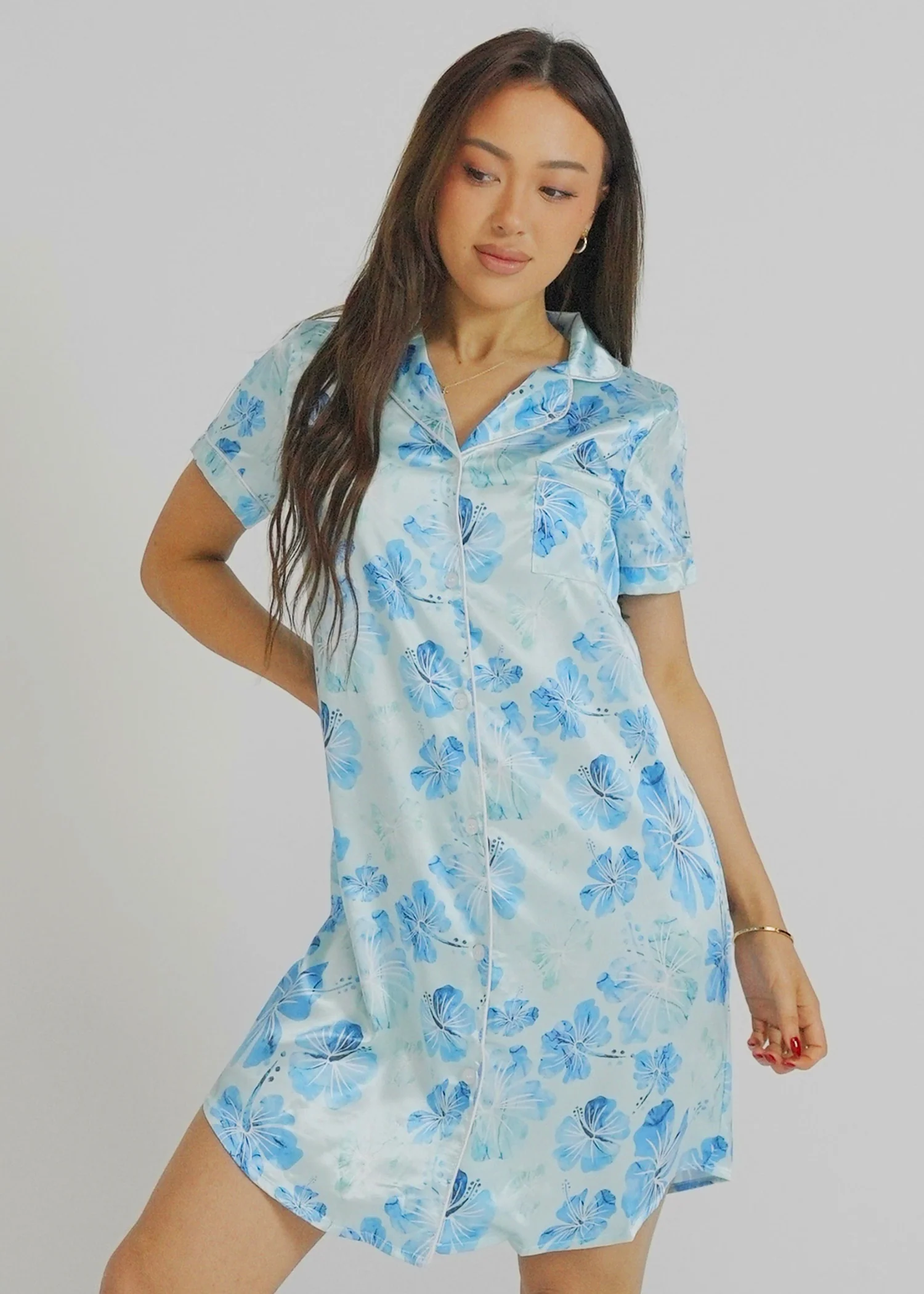 Womens Aqua Hibiscus Night Shirt