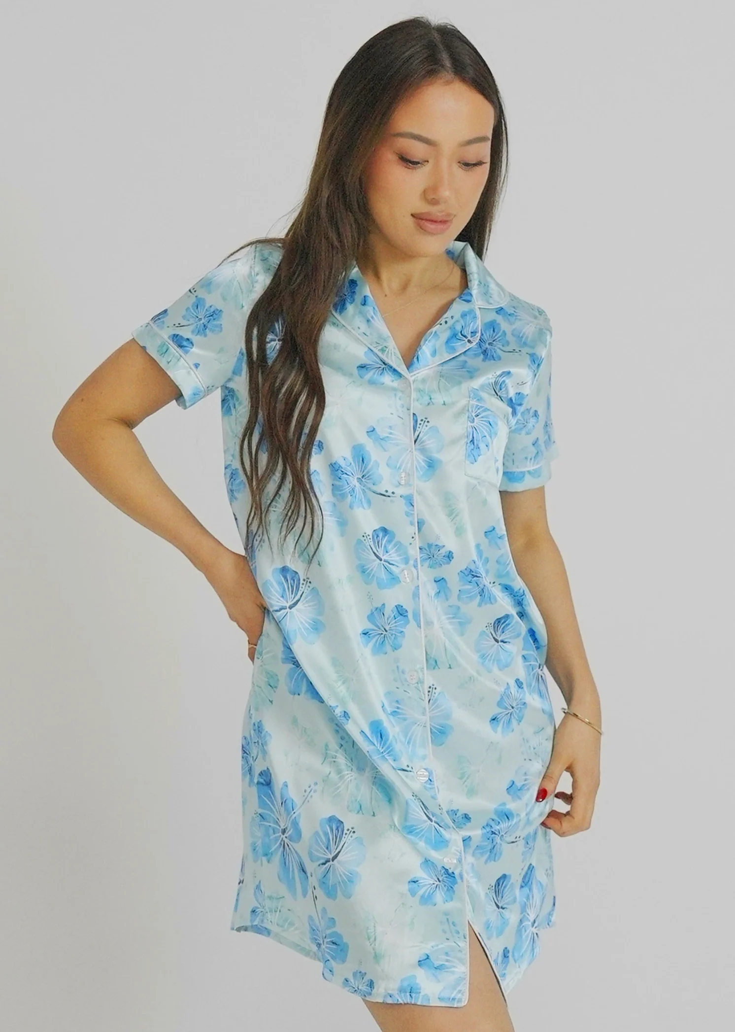 Womens Aqua Hibiscus Night Shirt - Image 2