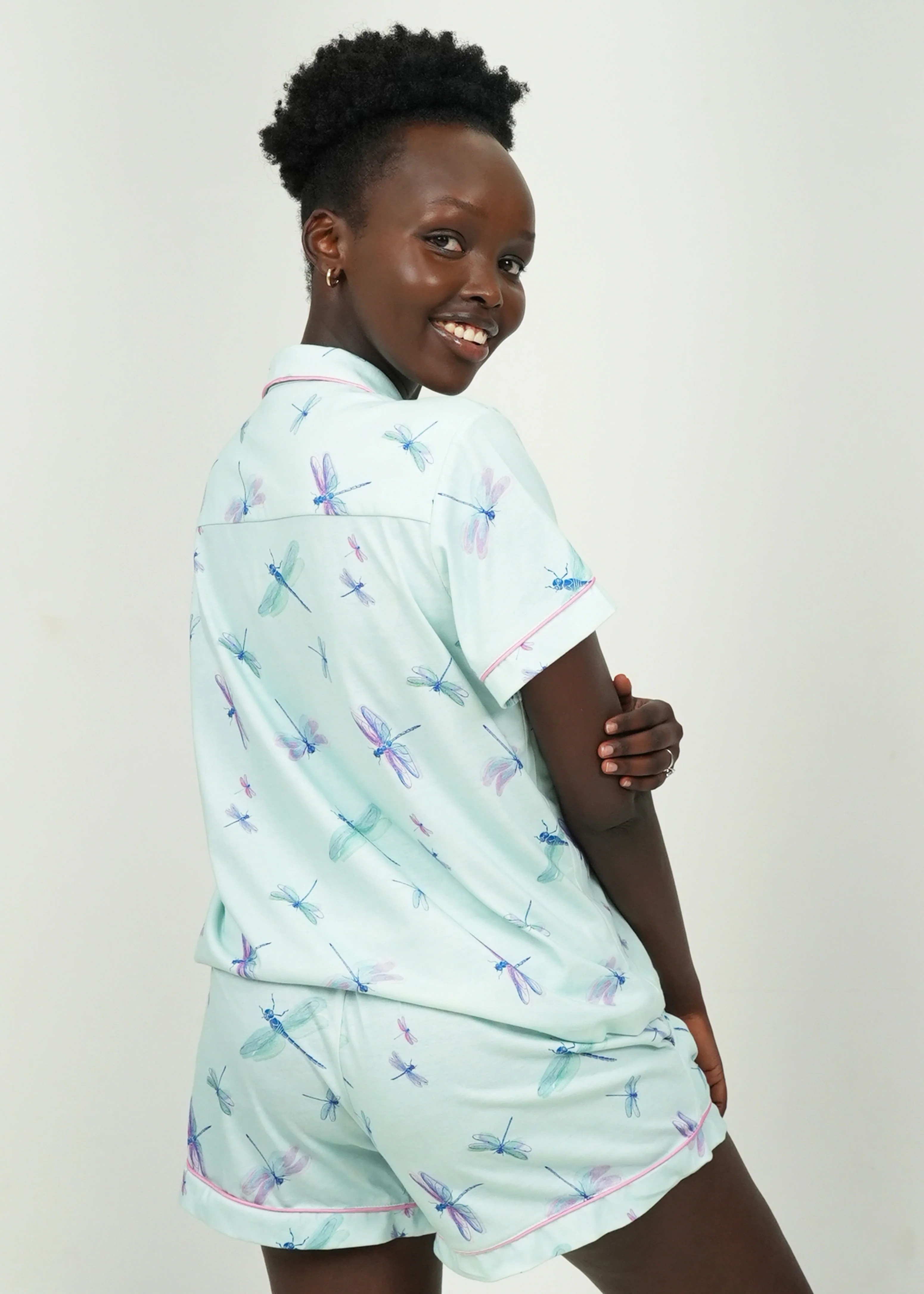 Womens Aqua Dragonflies Jersey Knit Cotton Short PJ Set - Image 4