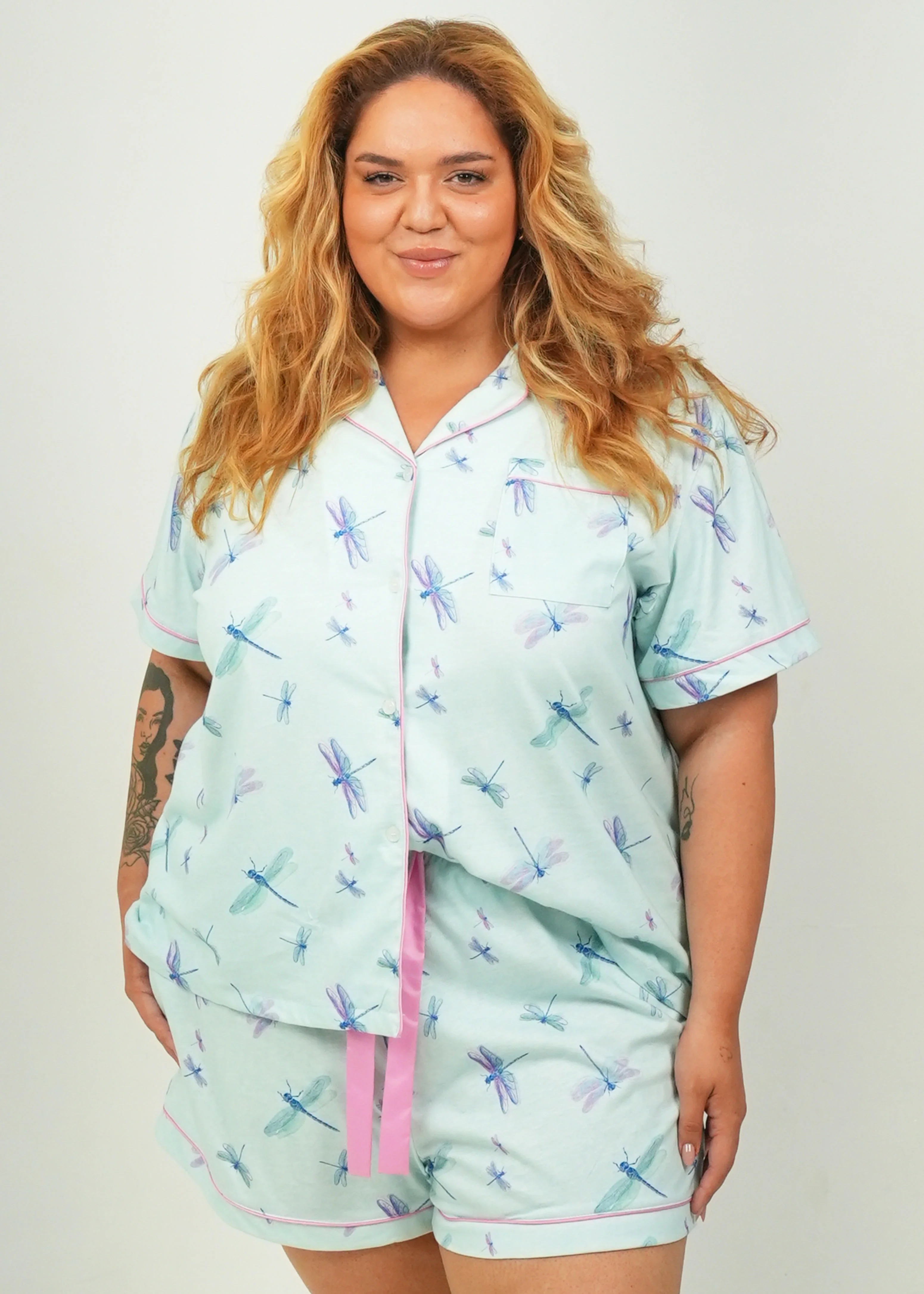 Womens Aqua Dragonflies Jersey Knit Cotton Short PJ Set - Image 6