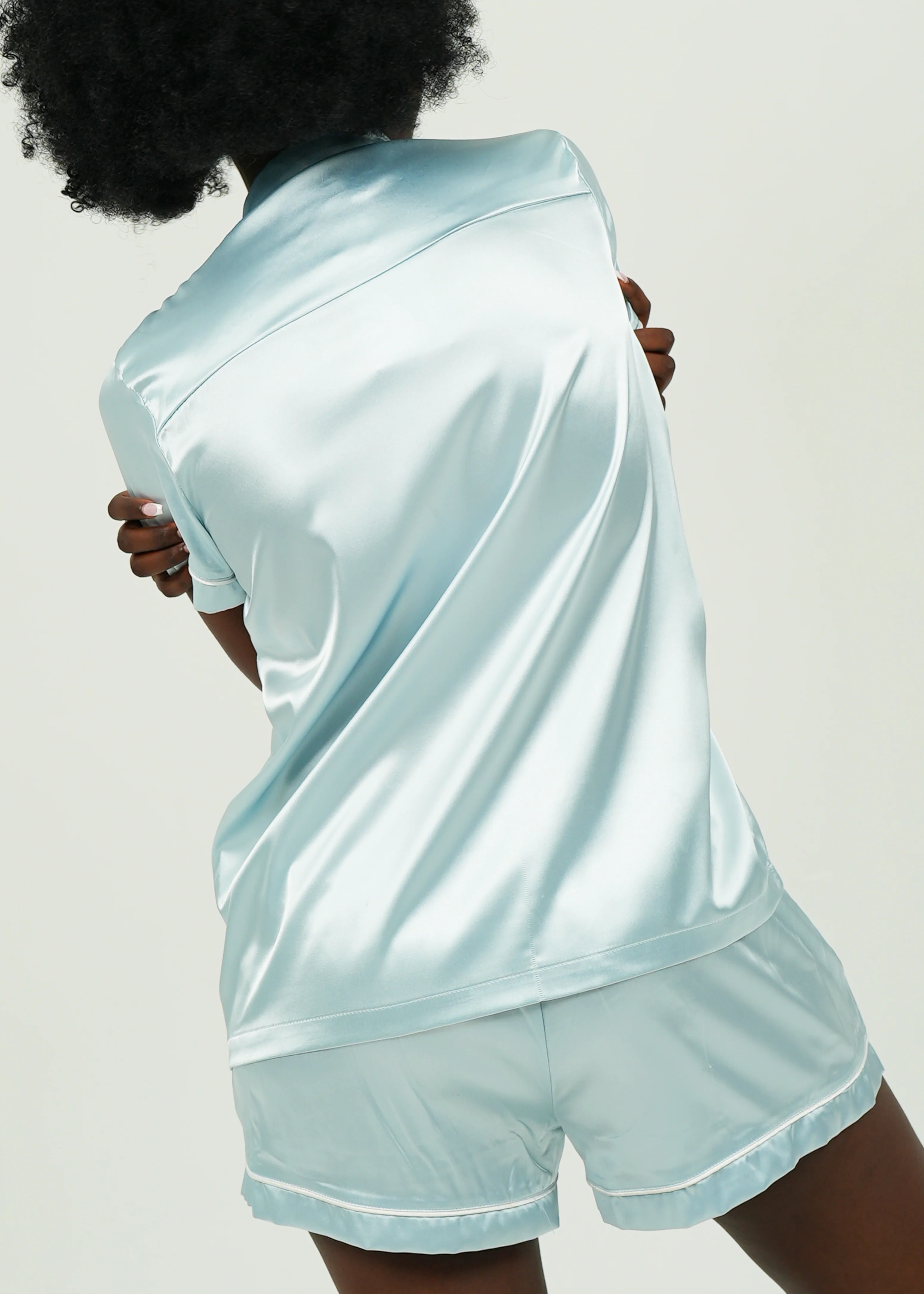 Womens Baby Blue Satin Short Pajama Set - Image 2